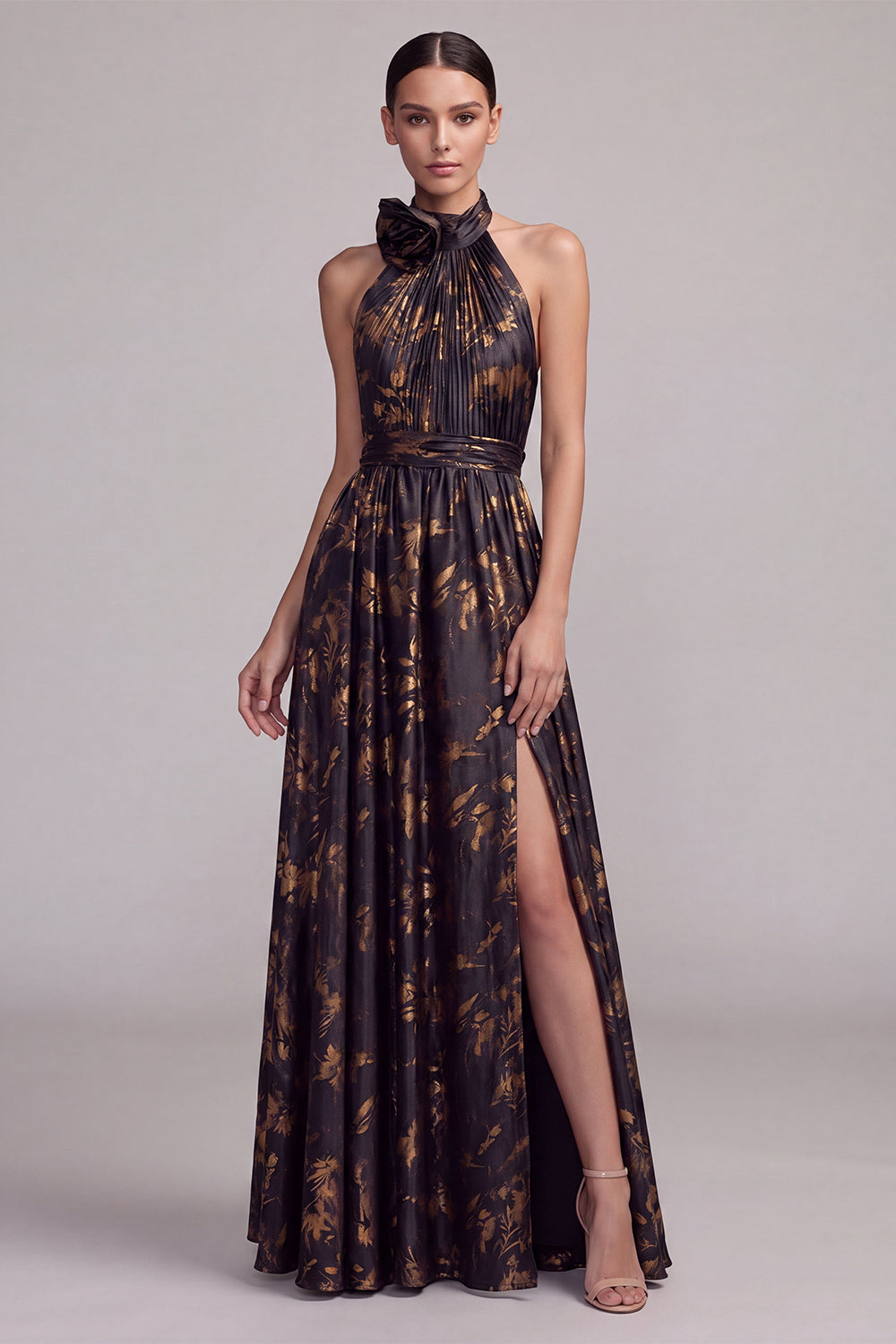 Black Halter Floral Long Formal Dress with Slit Backless A Line Pleated Evening Dress