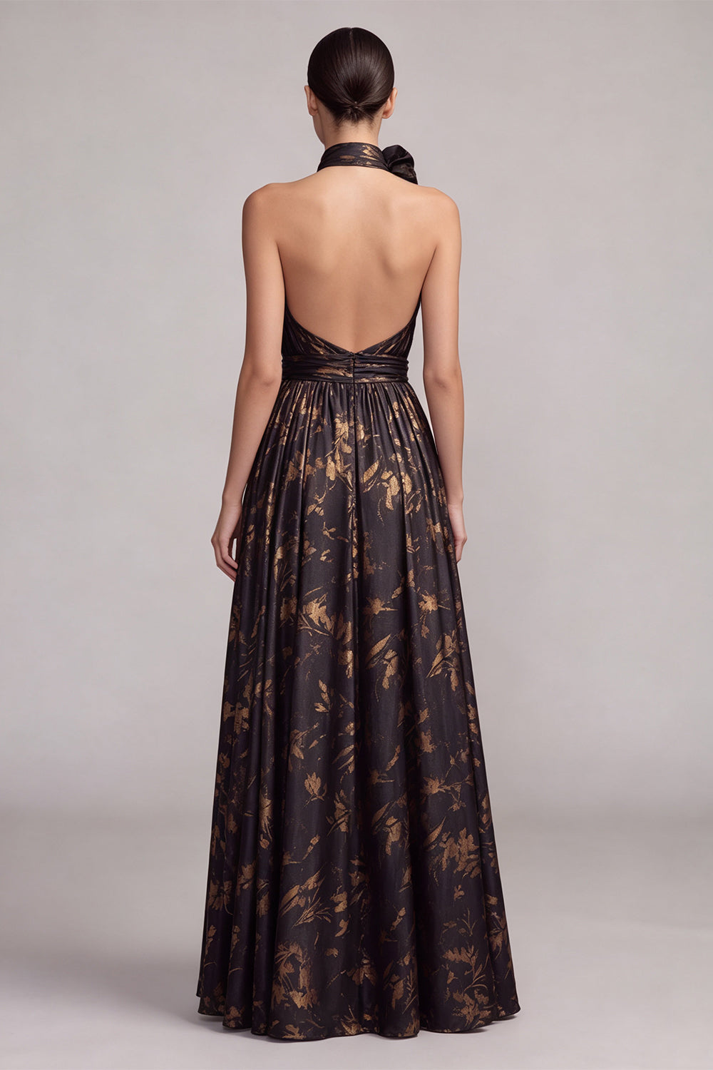 Black Halter Floral A Line Pleated Long Formal Dress with Slit