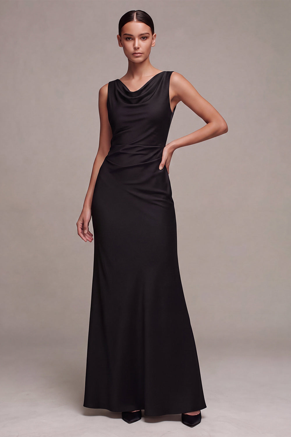 Black Mermaid Simple Cowl Neck Long Formal Dress