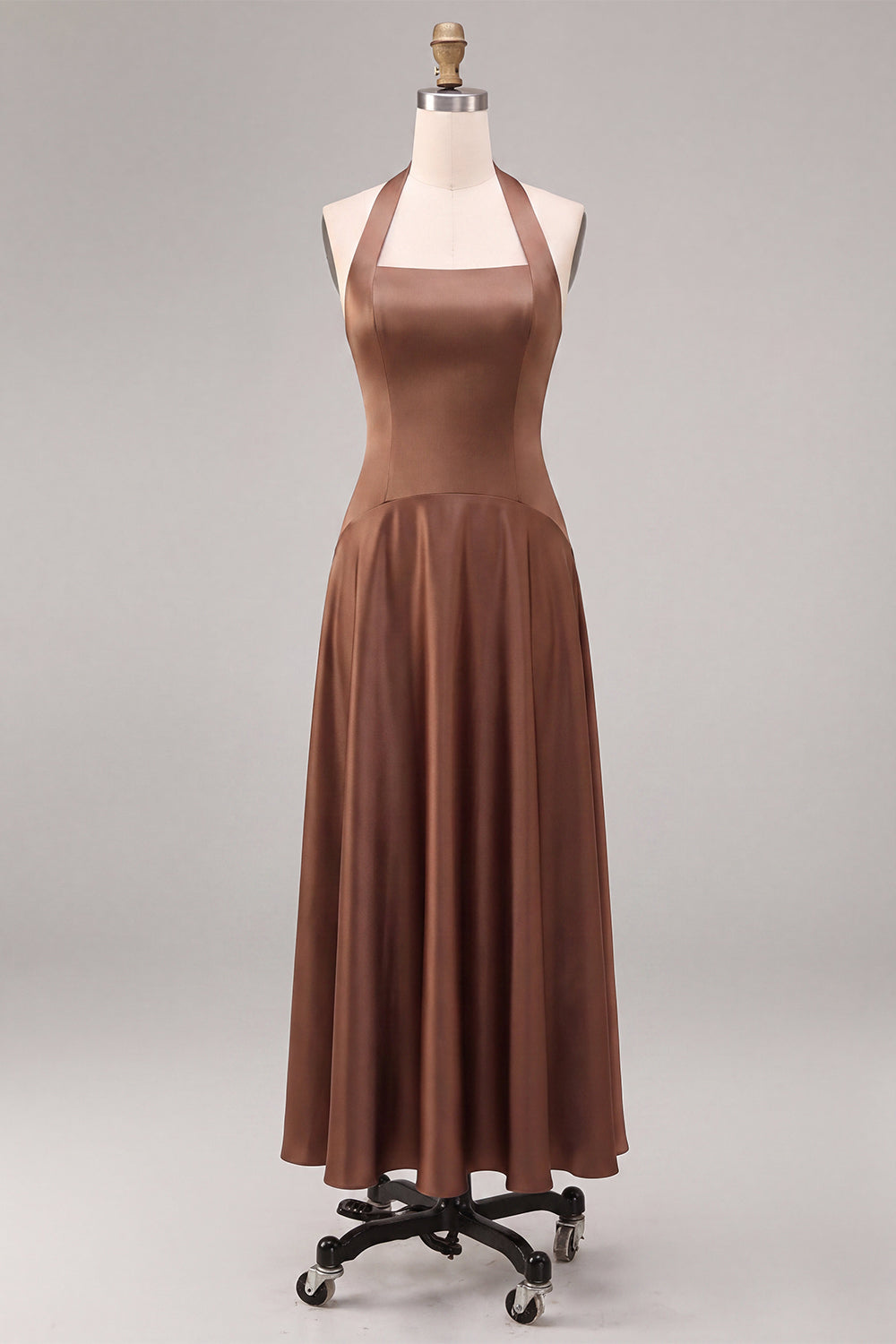 Coffee Satin Simple A Line Halter Long Formal Dress