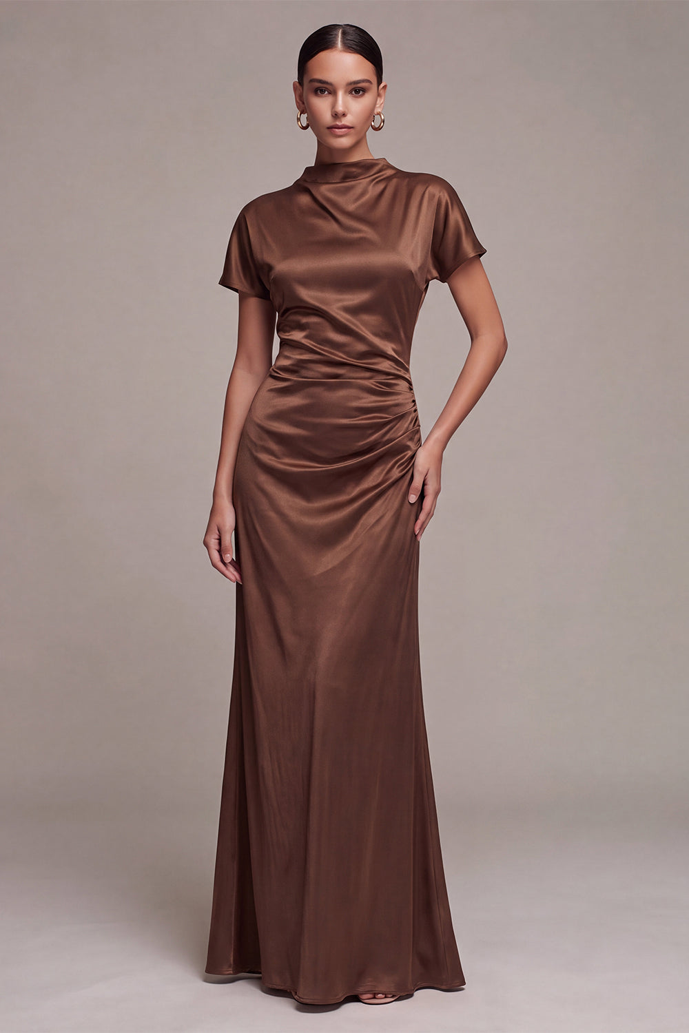 Coffee High Neck Satin Long Mermaid Formal Dress Short Sleeves Ruched Keyhole Back Evening Dress