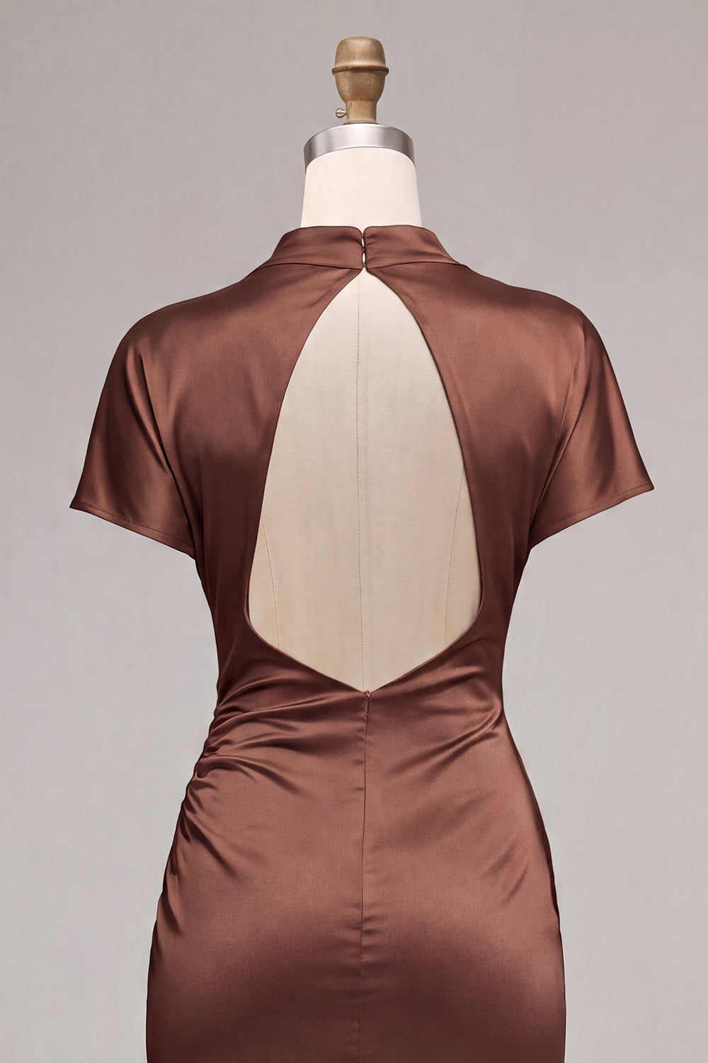 Coffee Mermaid Ruched Satin Long Formal Dress with Sleeves