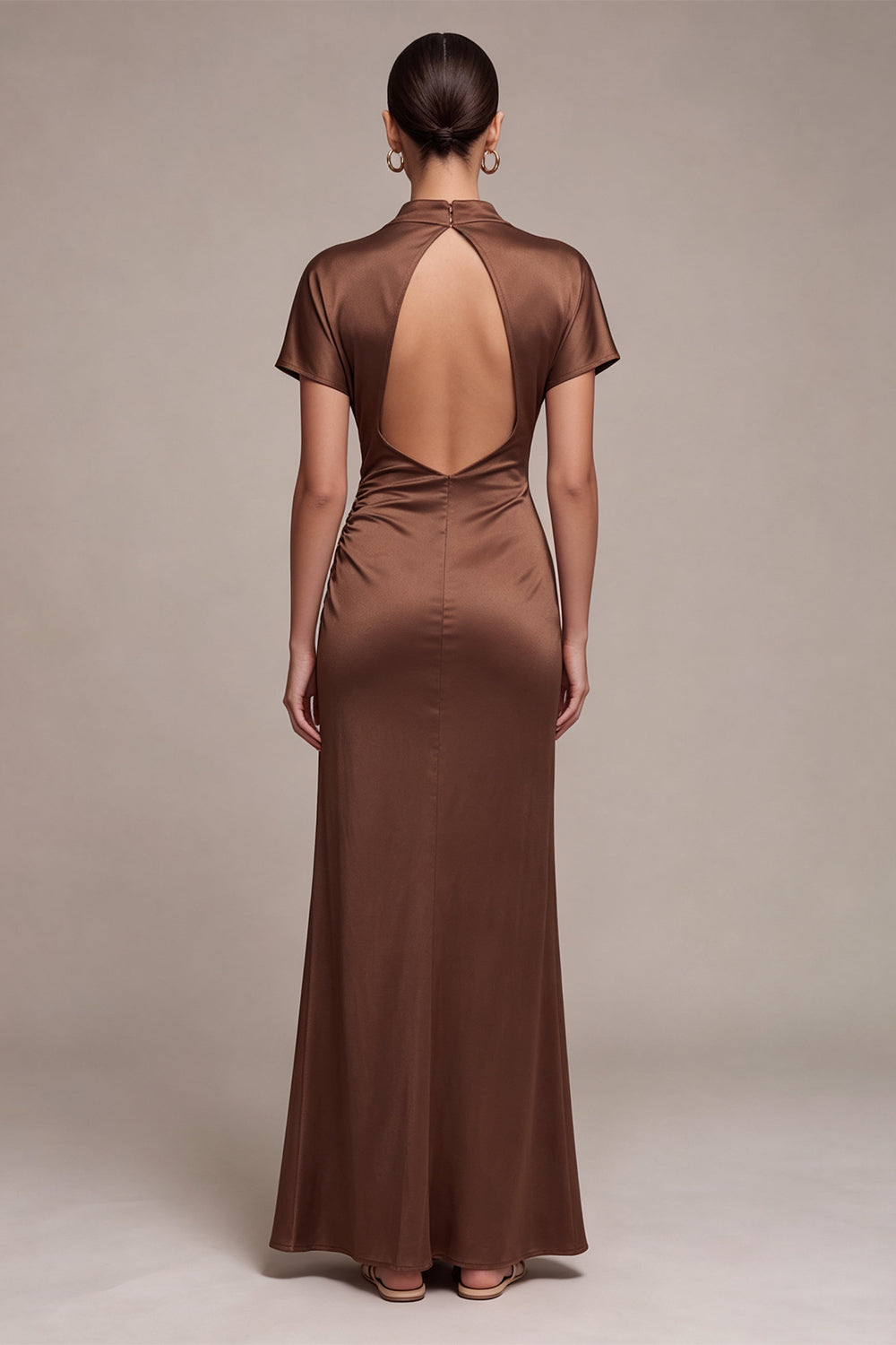 Coffee Mermaid Ruched Satin Long Formal Dress with Sleeves