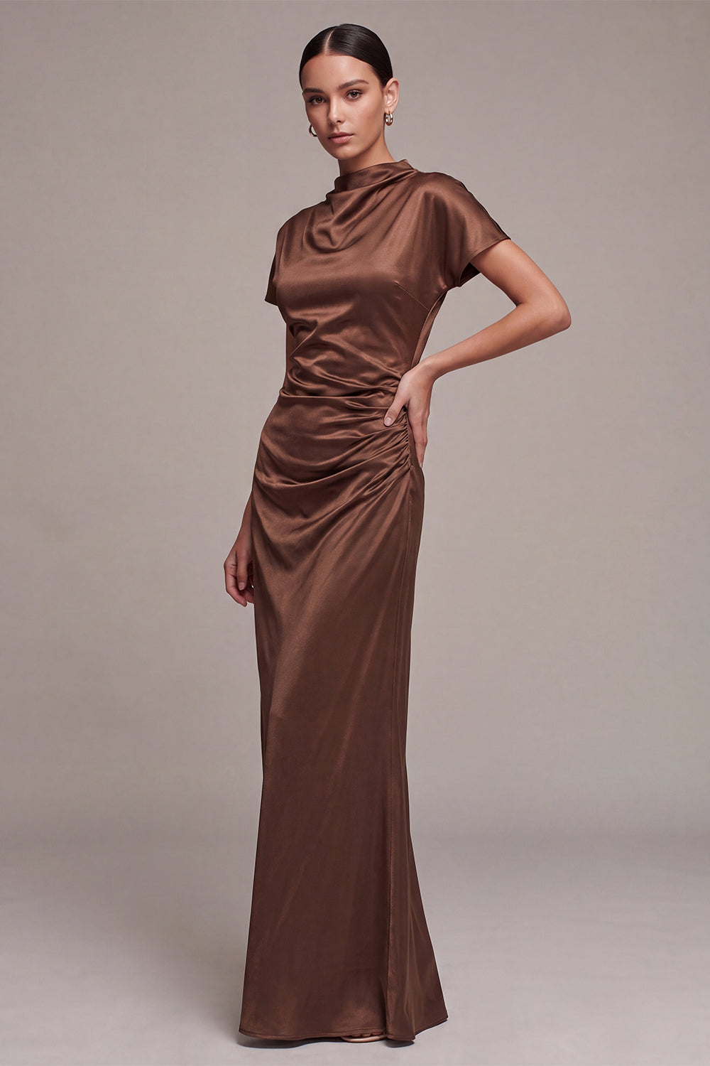 Coffee Mermaid Ruched Satin Long Formal Dress with Sleeves