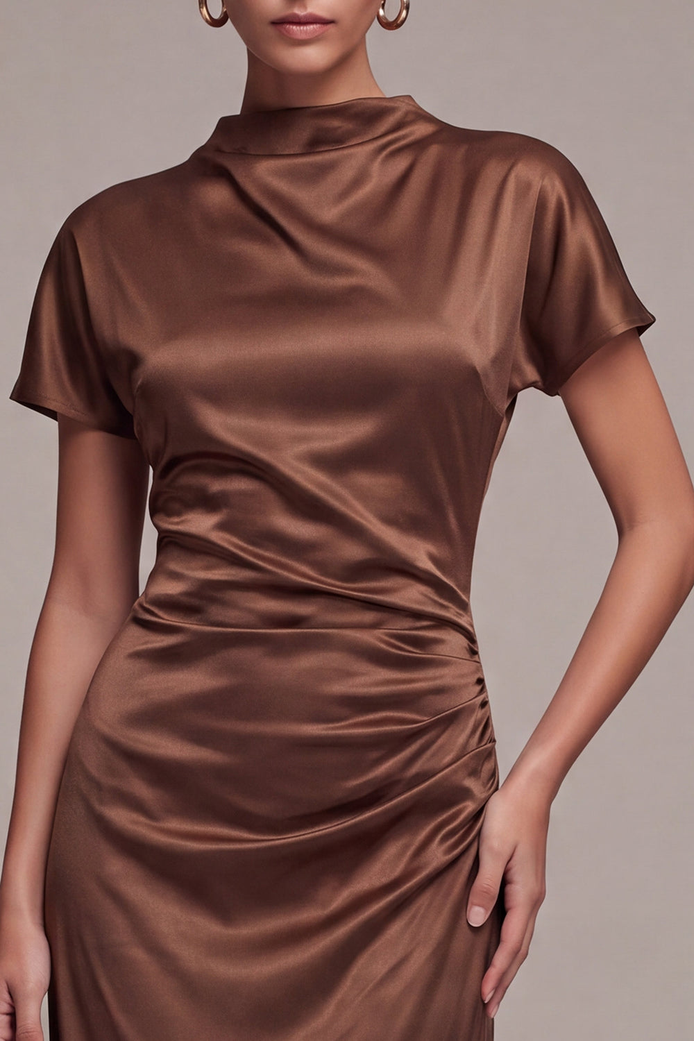 Coffee Mermaid Ruched Satin Long Formal Dress with Sleeves