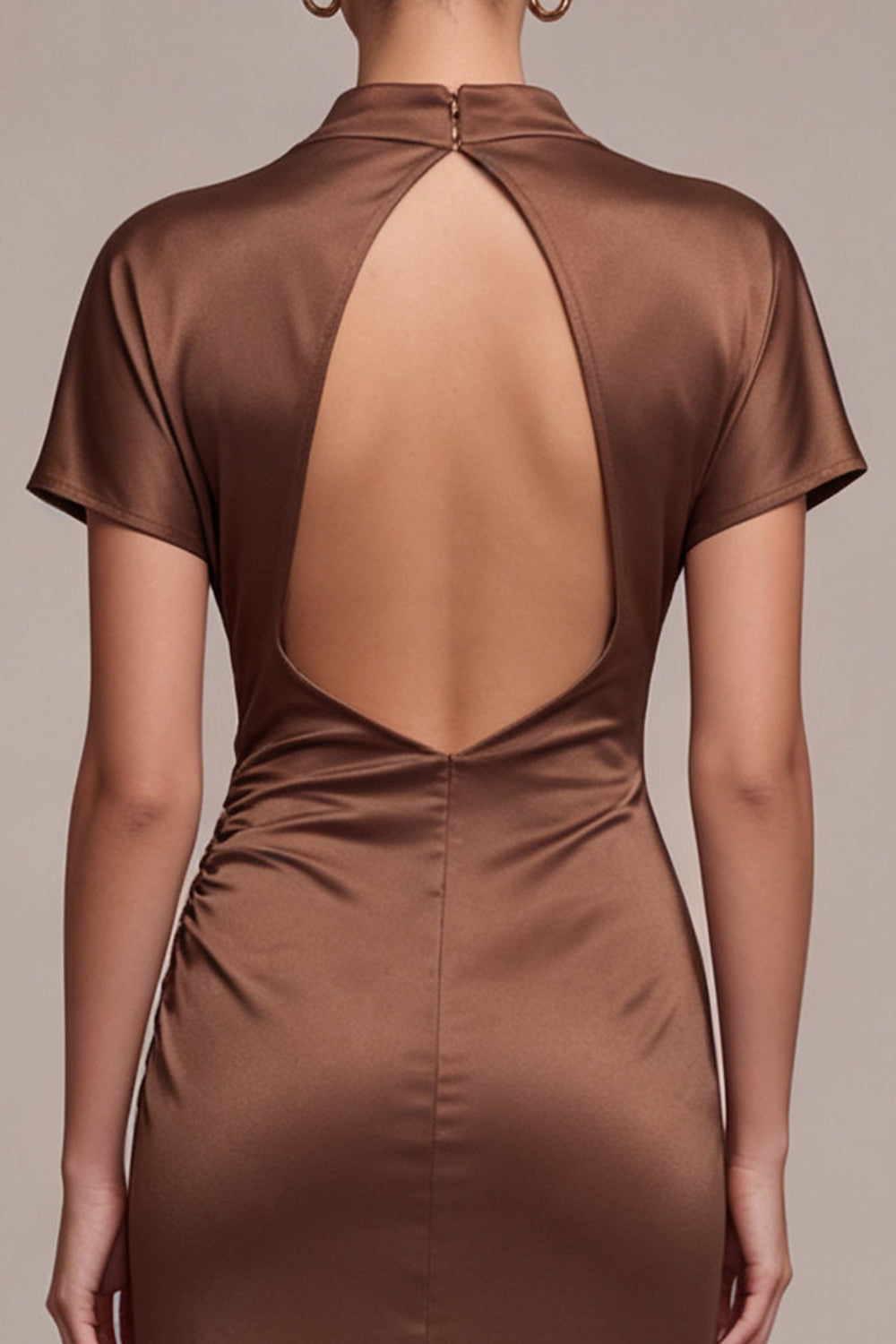 Coffee Mermaid Ruched Satin Long Formal Dress with Sleeves