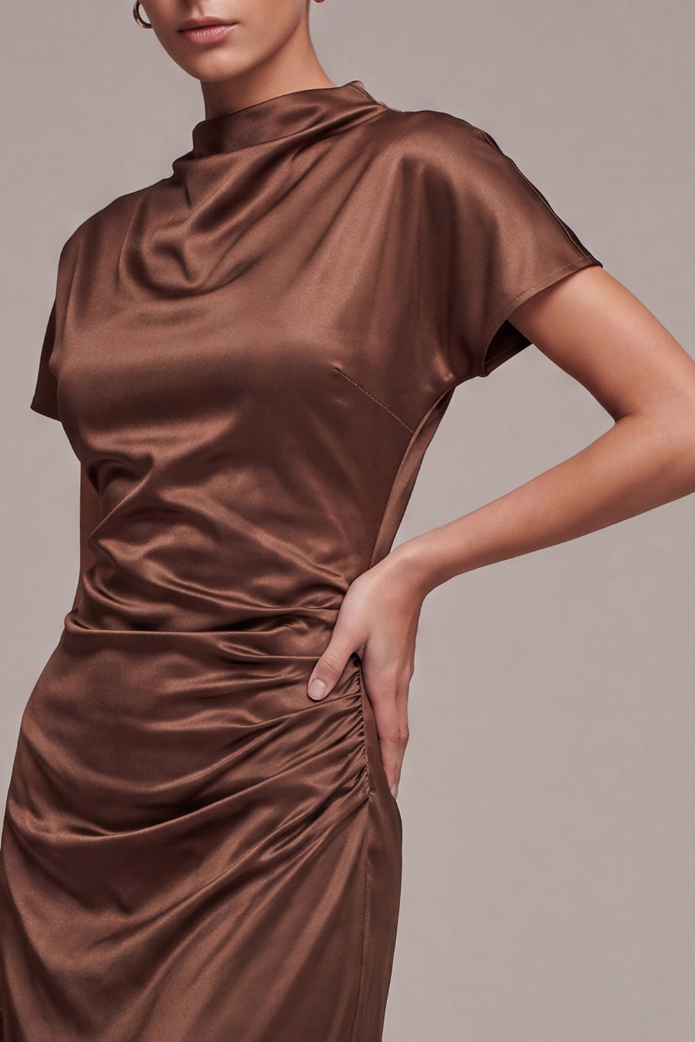 Coffee Mermaid Ruched Satin Long Formal Dress with Sleeves