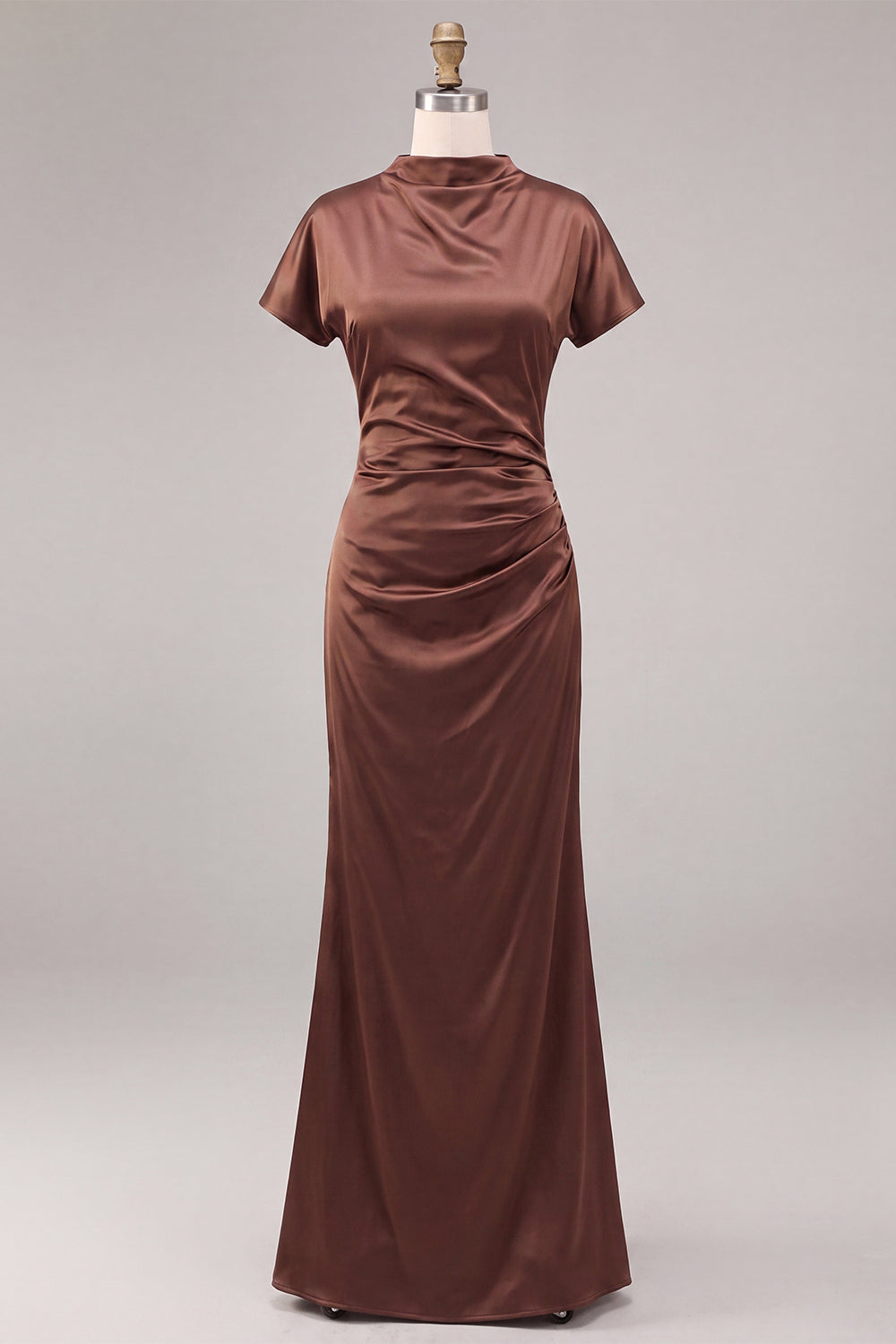 Coffee Mermaid Ruched Satin Long Formal Dress with Sleeves