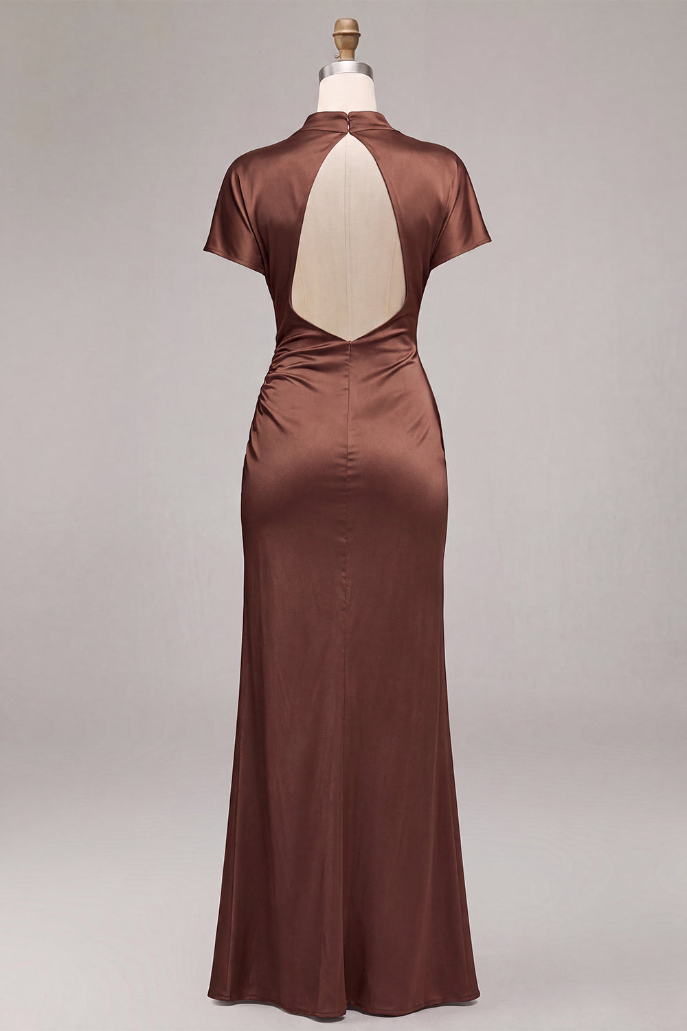 Coffee Mermaid Ruched Satin Long Formal Dress with Sleeves