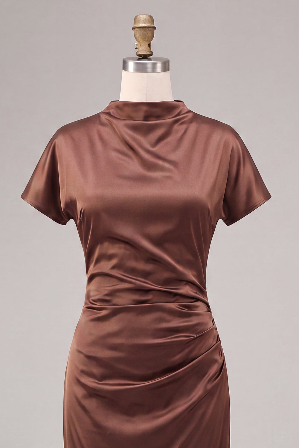 Coffee Mermaid Ruched Satin Long Formal Dress with Sleeves