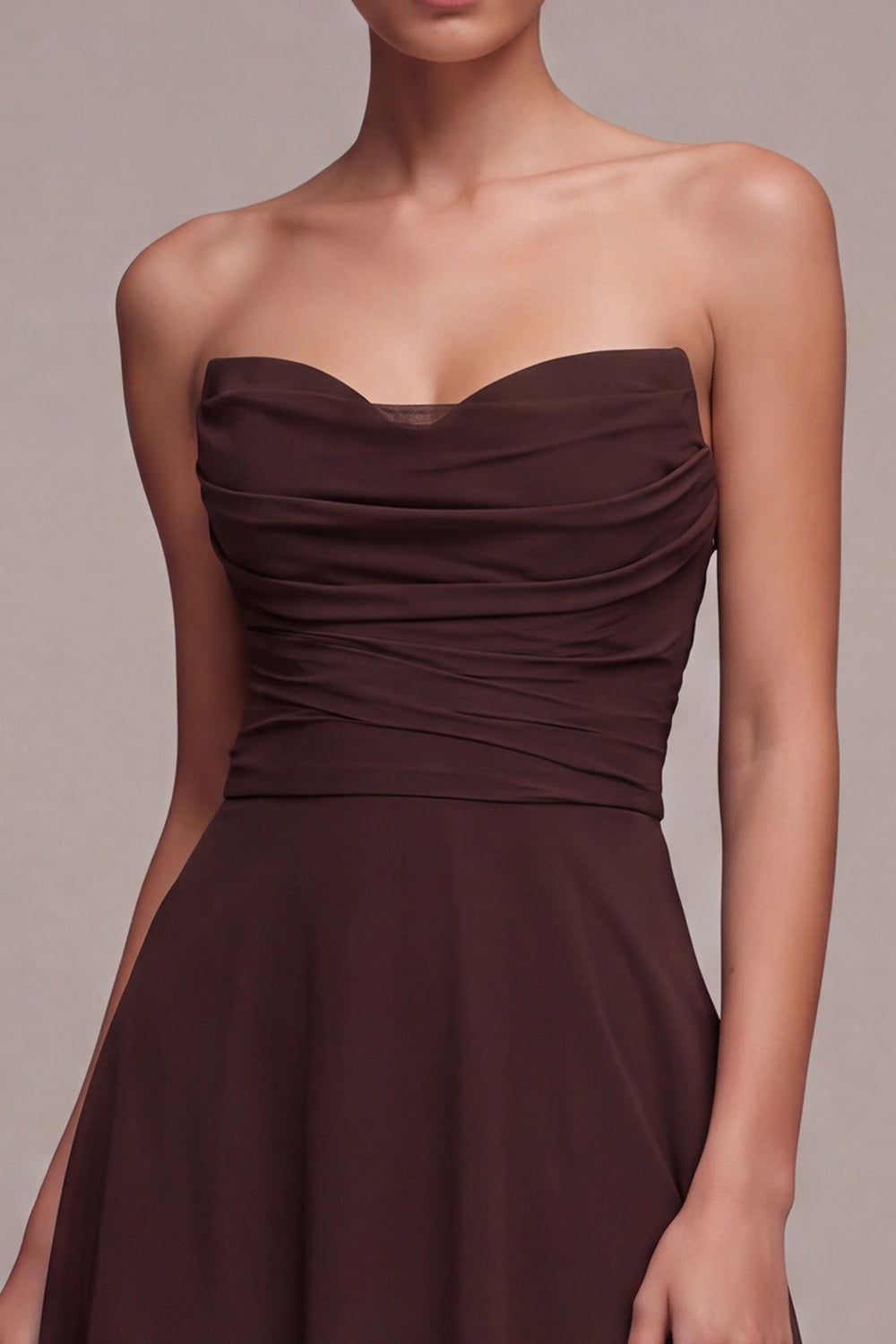 Dark Coffee Strapless Ruched A Line Long Formal Dress