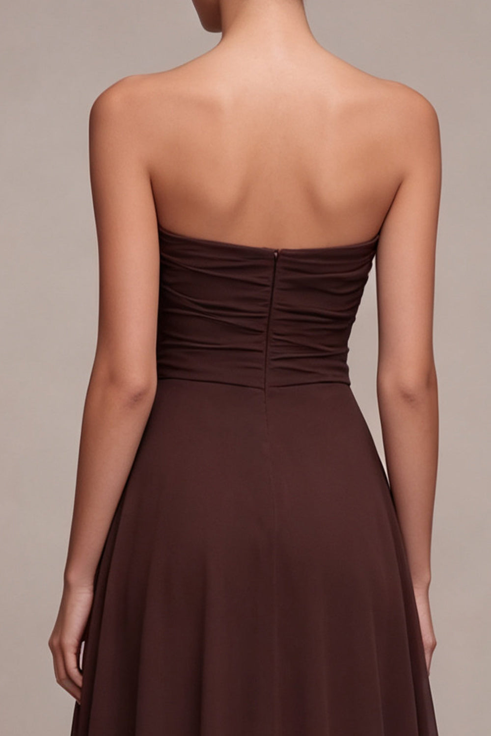 Dark Coffee Strapless Ruched A Line Long Formal Dress