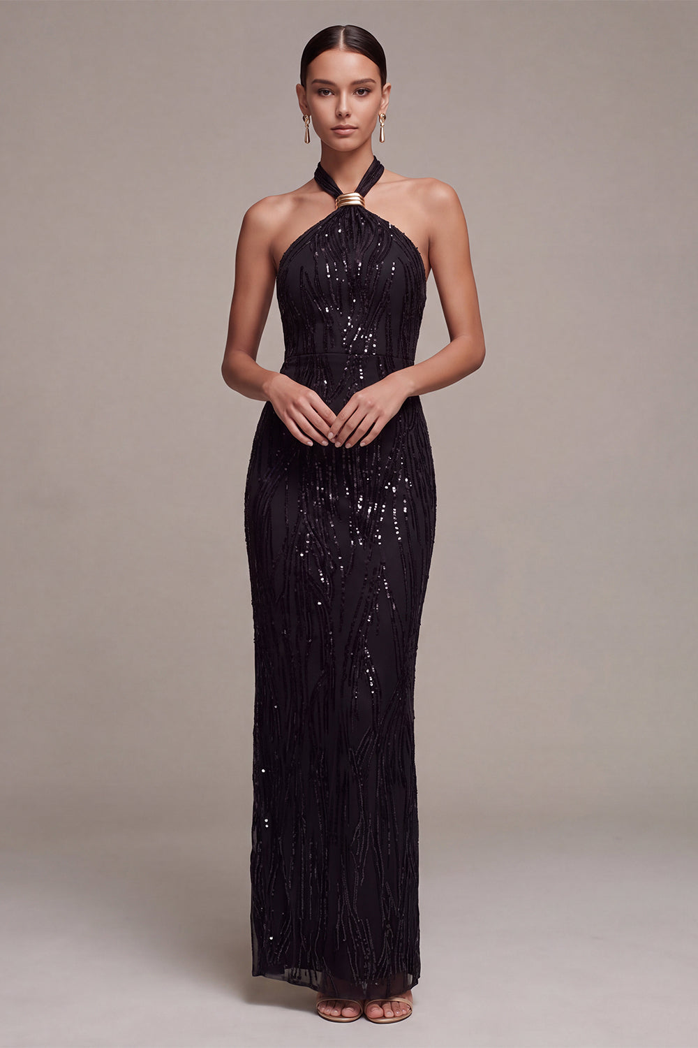 Sparkly Black Halter Long Formal Dress Mermaid Sequin Evening Dress