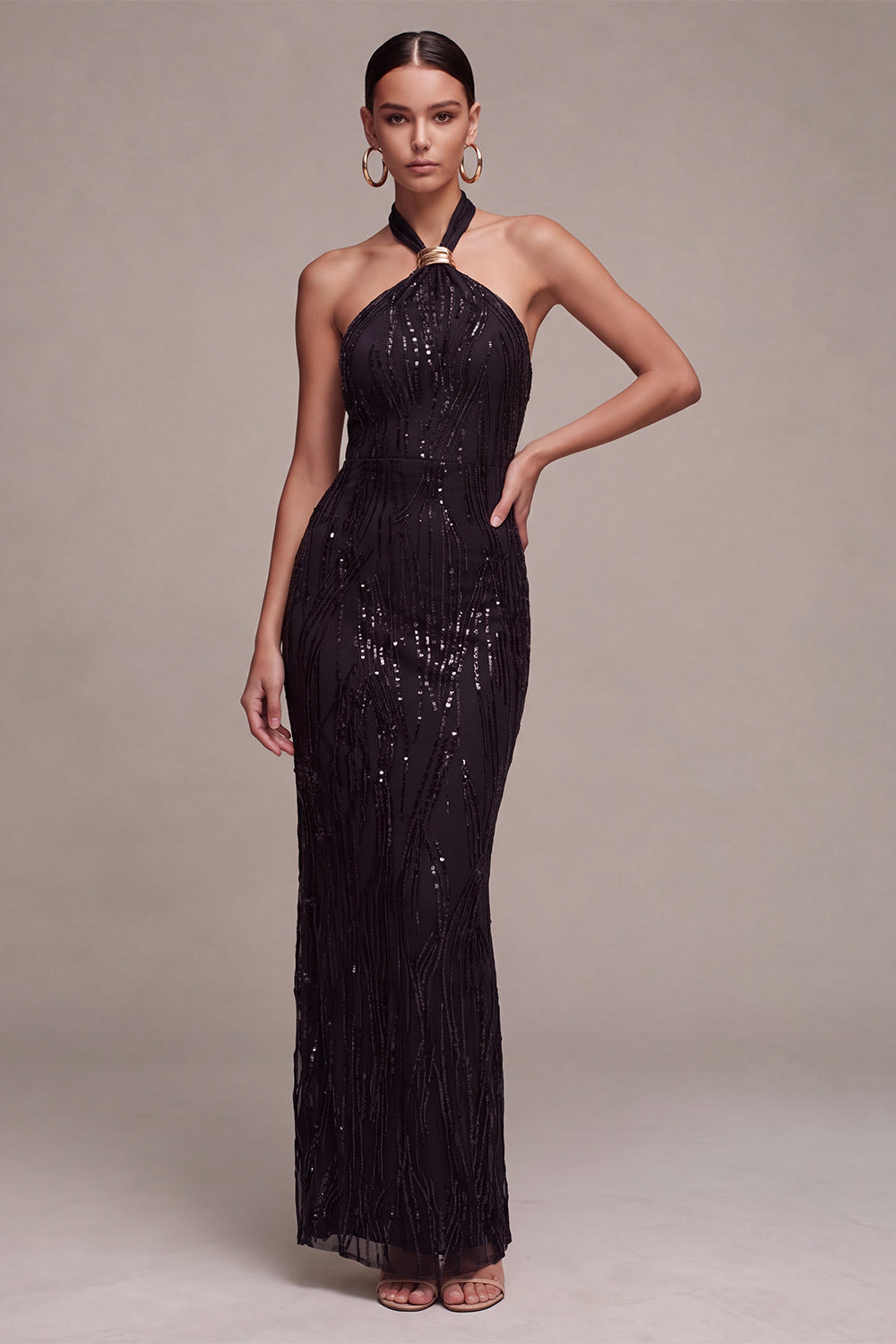 Sparkly Sequin Black Mermaid Halter Long Formal Dress