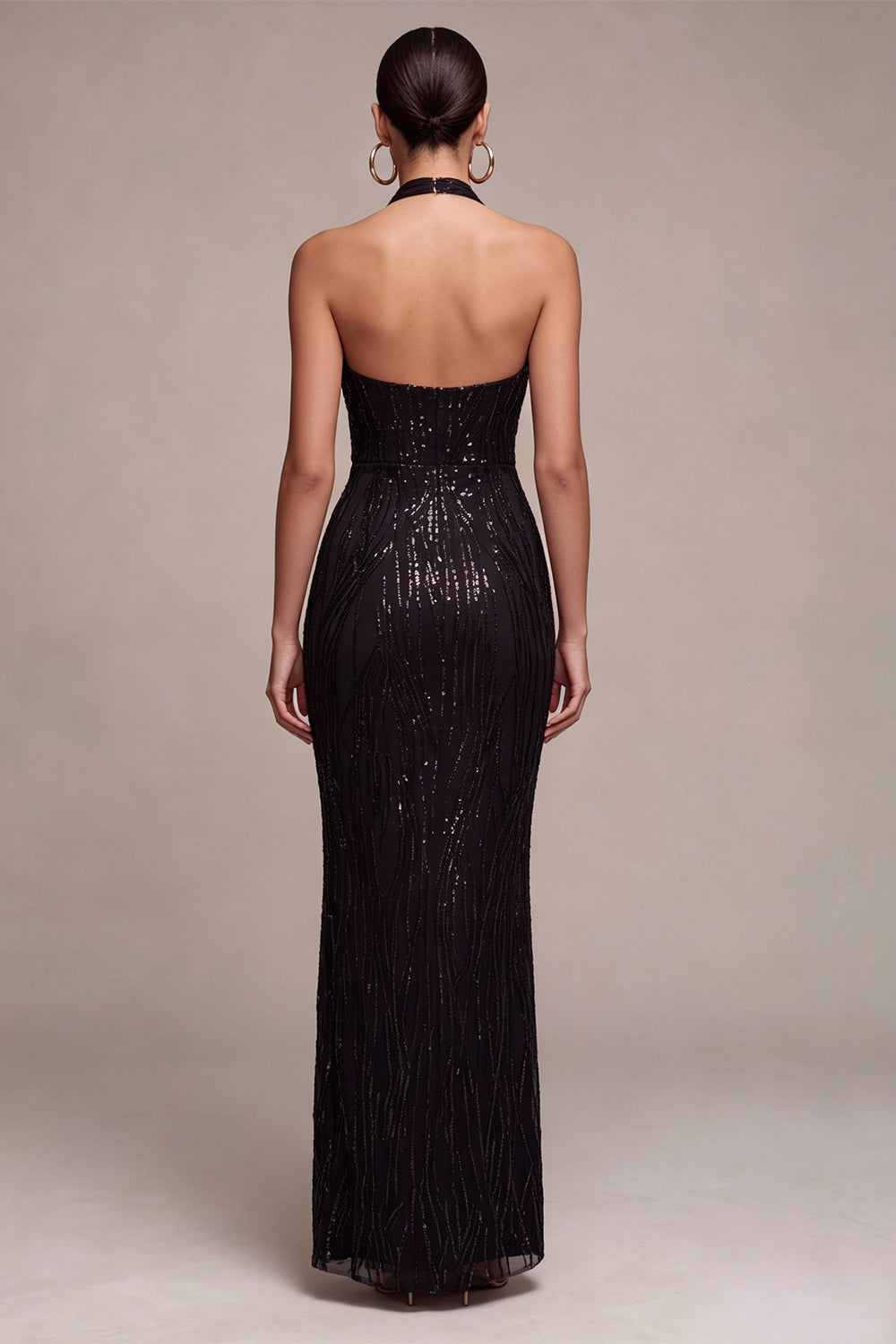 Sparkly Sequin Black Mermaid Halter Long Formal Dress