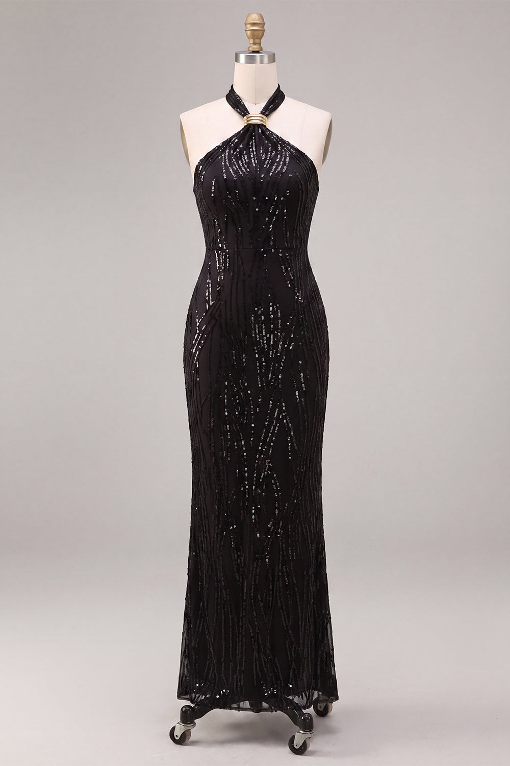 Sparkly Sequin Black Mermaid Halter Long Formal Dress