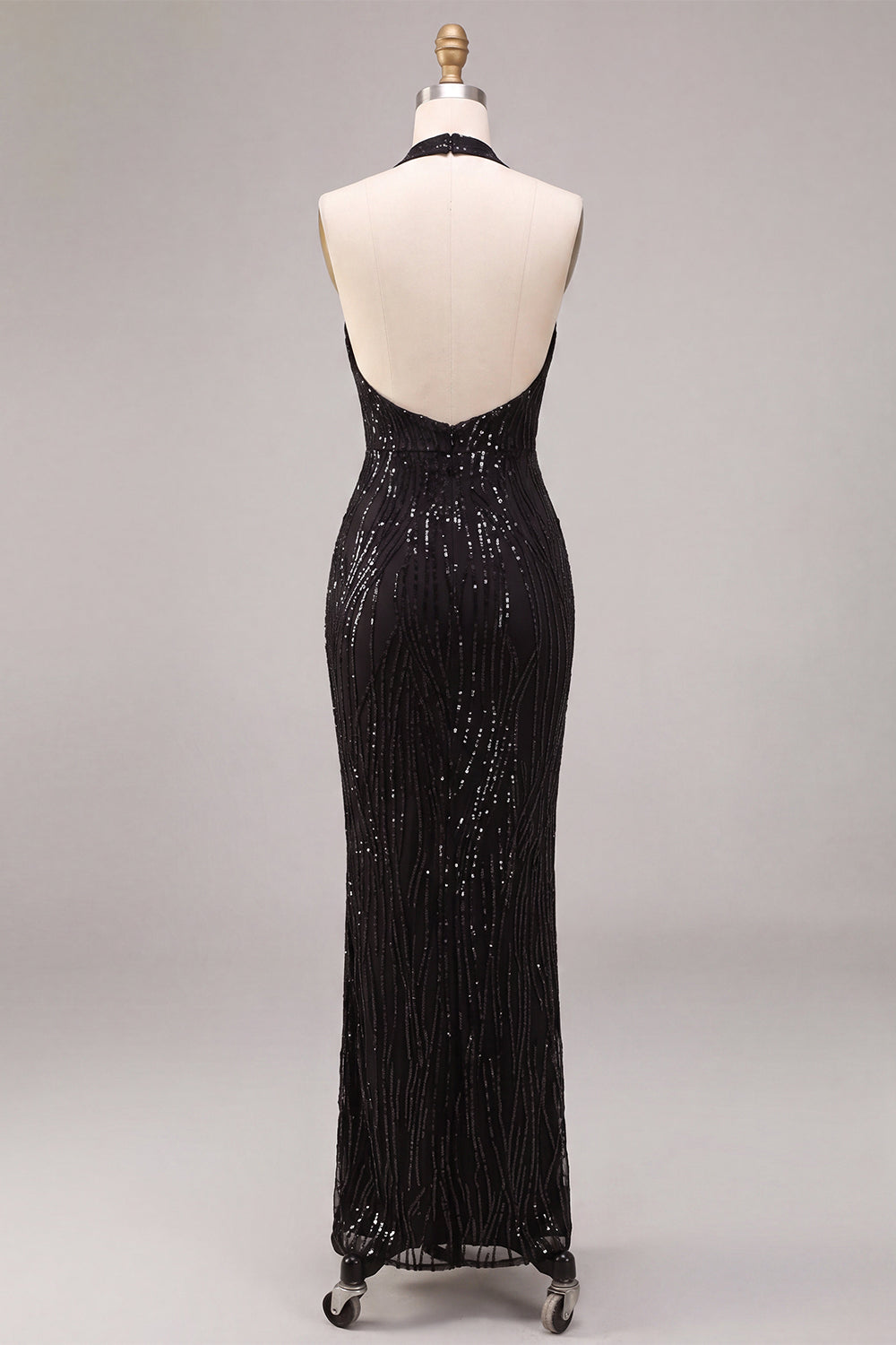 Sparkly Sequin Black Mermaid Halter Long Formal Dress