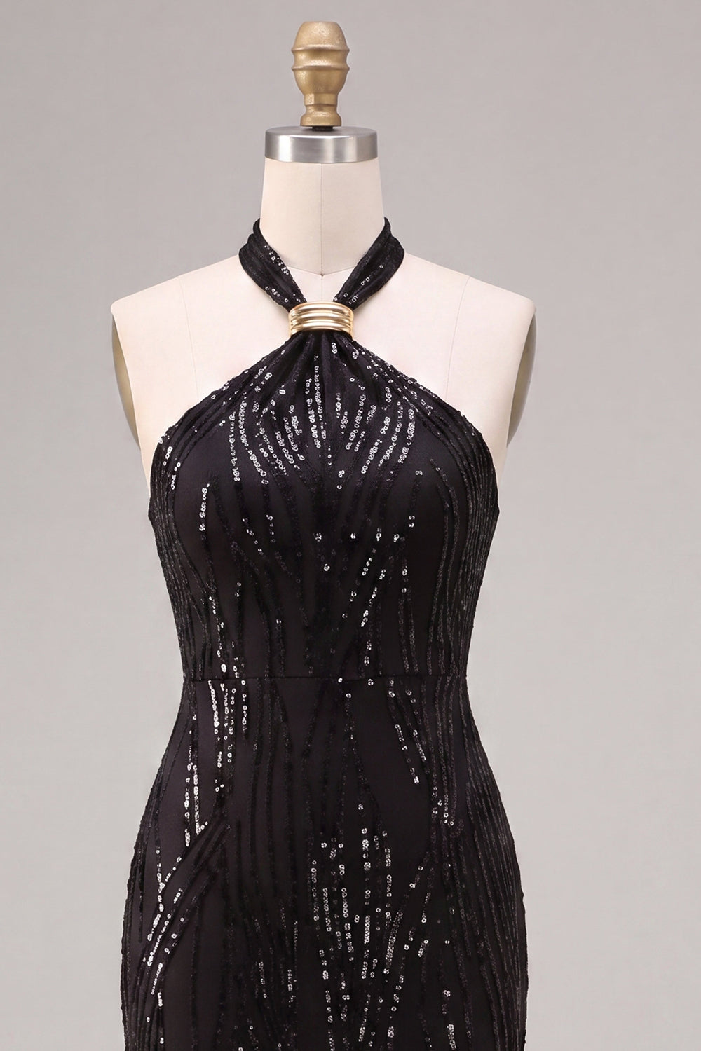 Sparkly Sequin Black Mermaid Halter Long Formal Dress