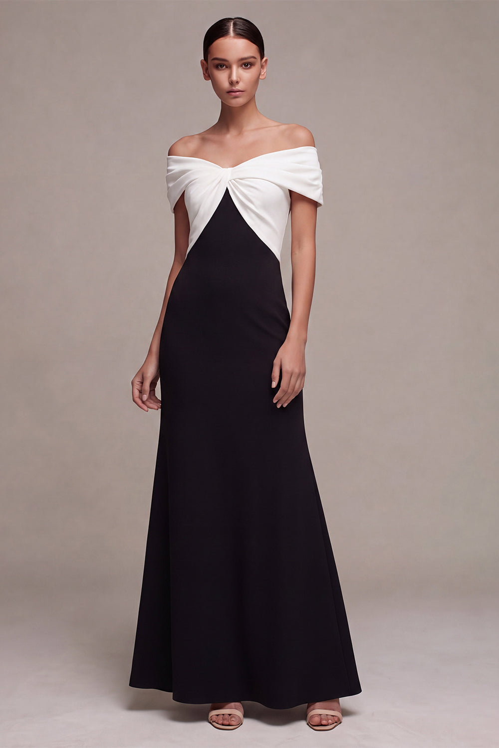 Black and White Ruched Simple Long Formal Dress Mermaid Off the Shoulder Evening Dress
