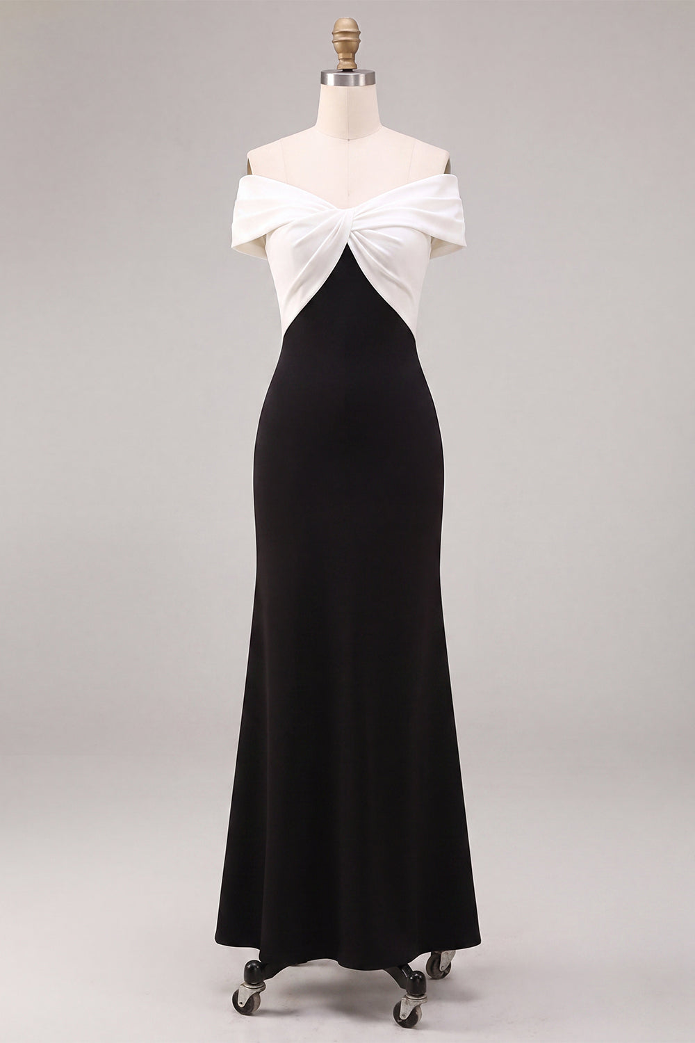 Black and White Mermaid Ruched Off the Shoulder Long Formal Dress