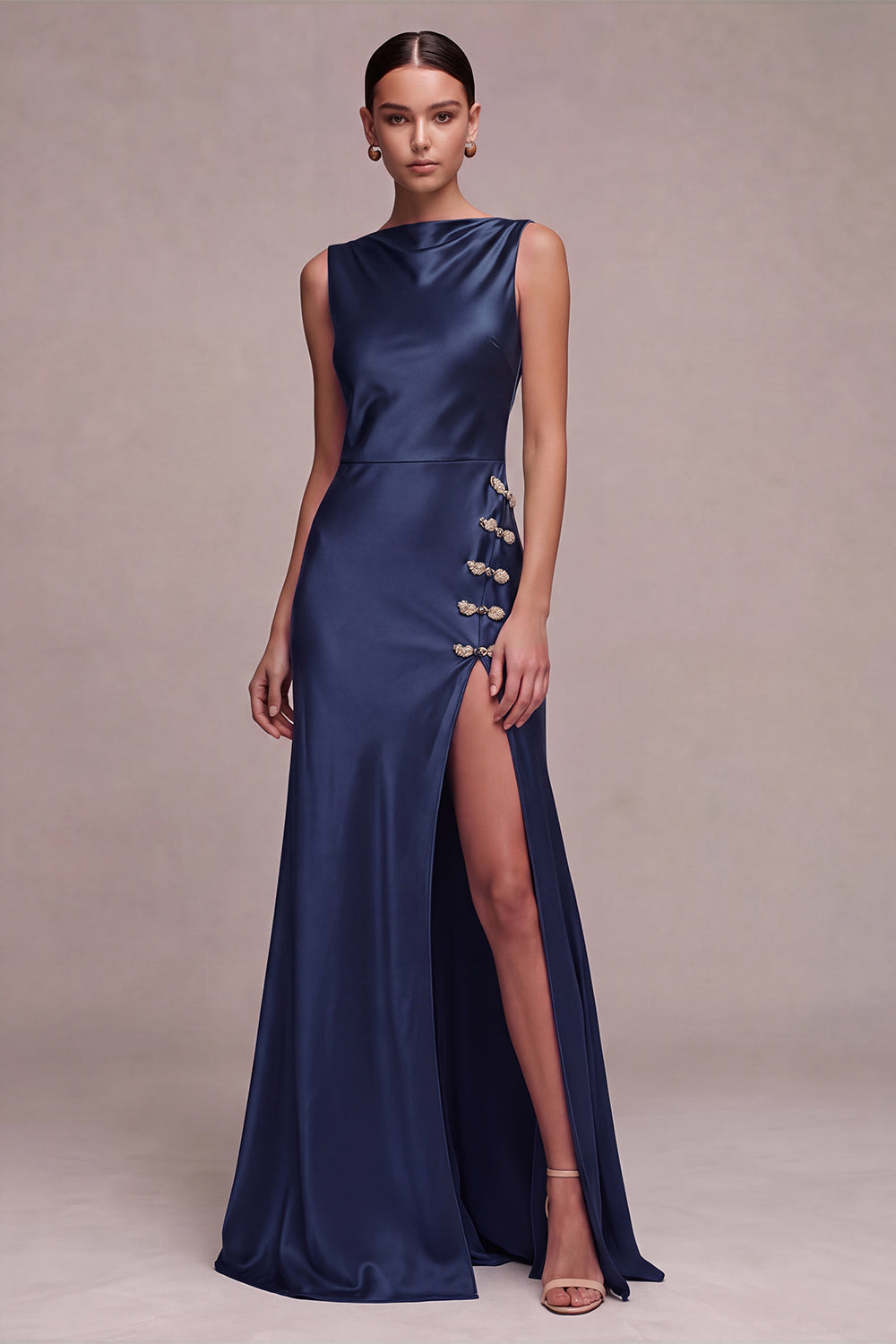 Olive Simple Mermaid Satin Bateau Neck Long Formal Dress with Slit