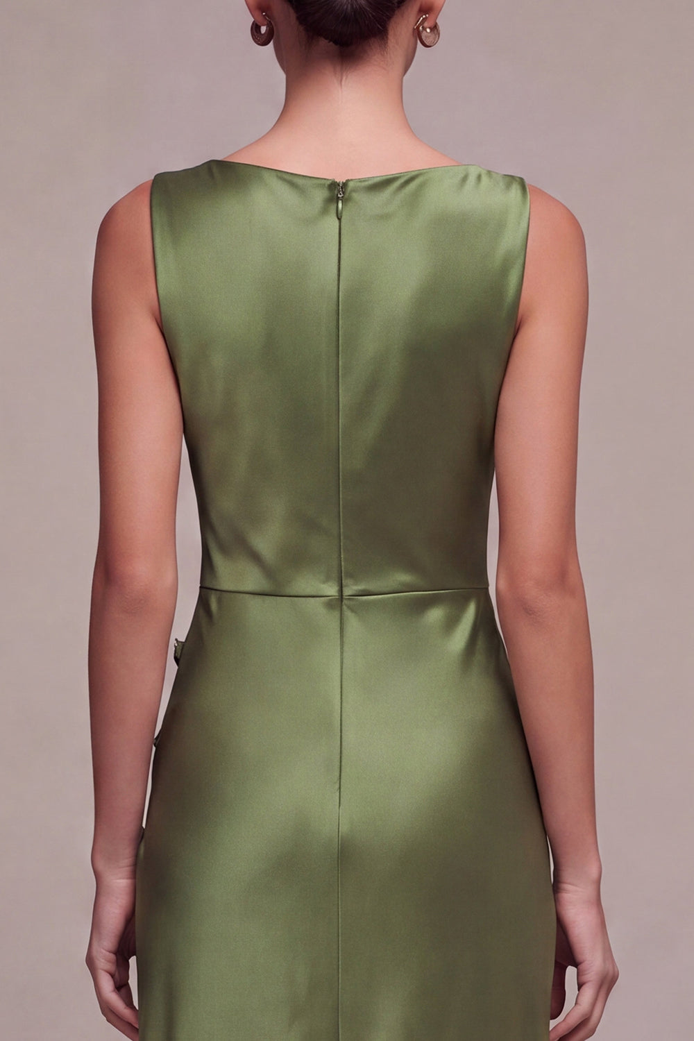 Olive Simple Mermaid Satin Bateau Neck Long Formal Dress with Slit
