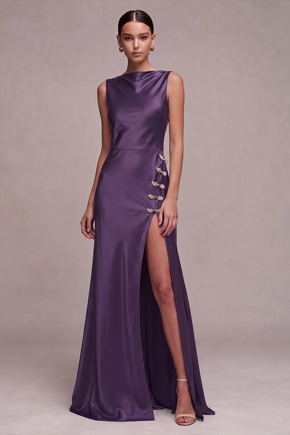Olive Simple Mermaid Satin Bateau Neck Long Formal Dress with Slit