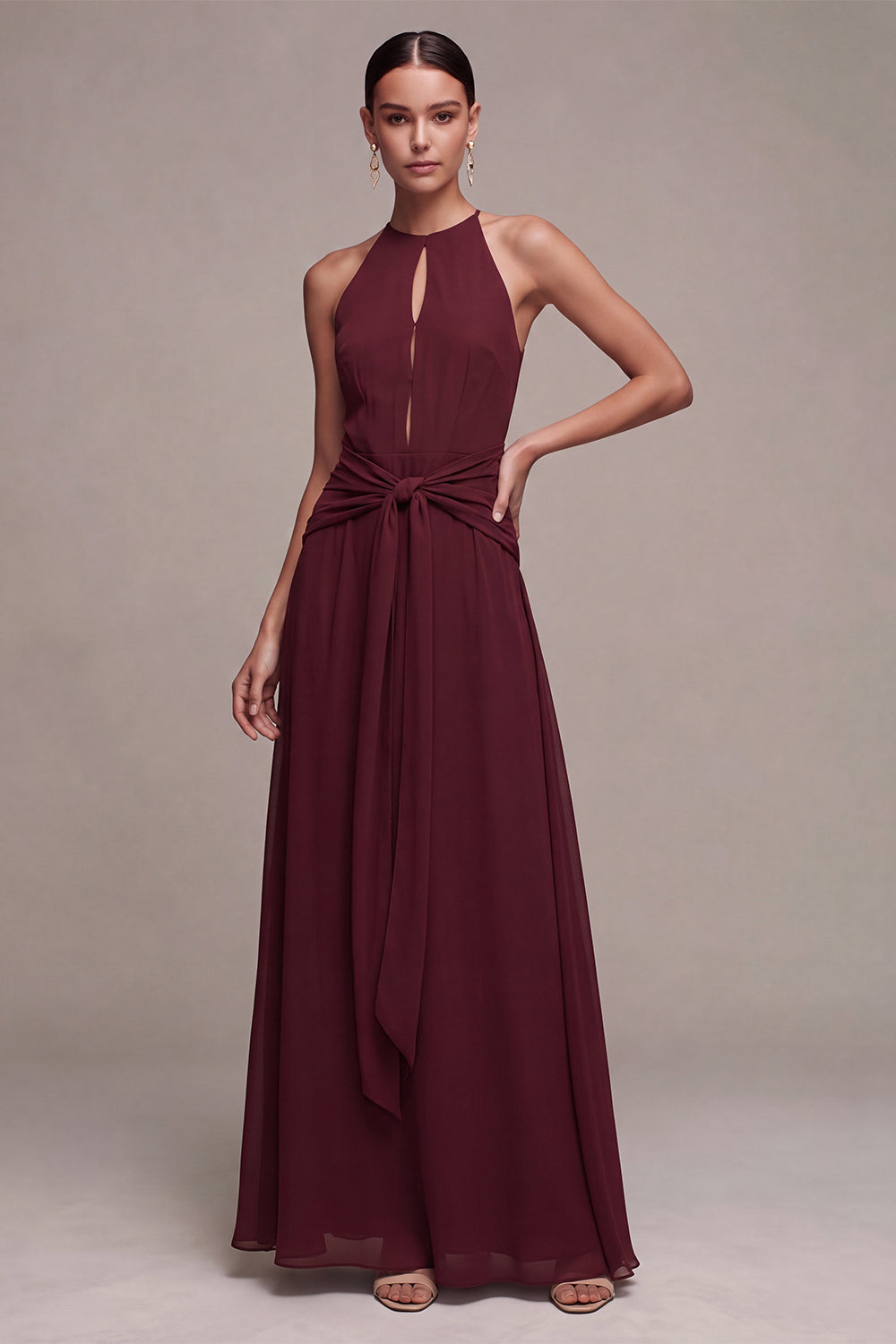 Burgundy Round Neck Keyholes Long Formal Dress A Line Chiffon Evening Dress with Sash