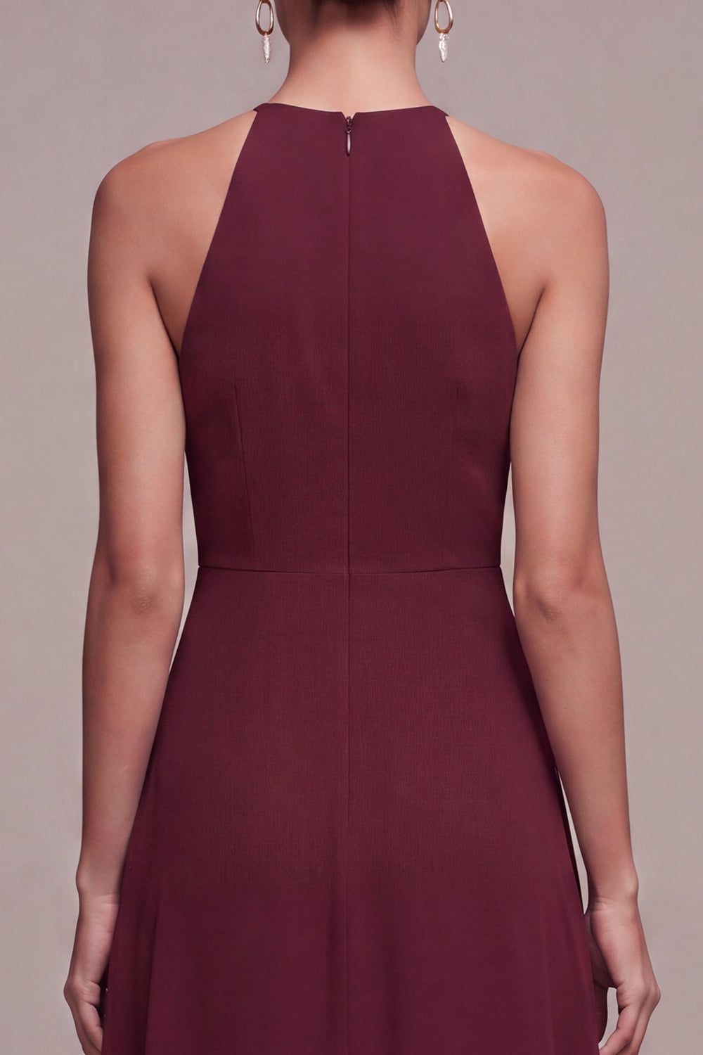 Burgundy Chiffon Round Neck A Line Keyholes Long Formal Dress with Sash