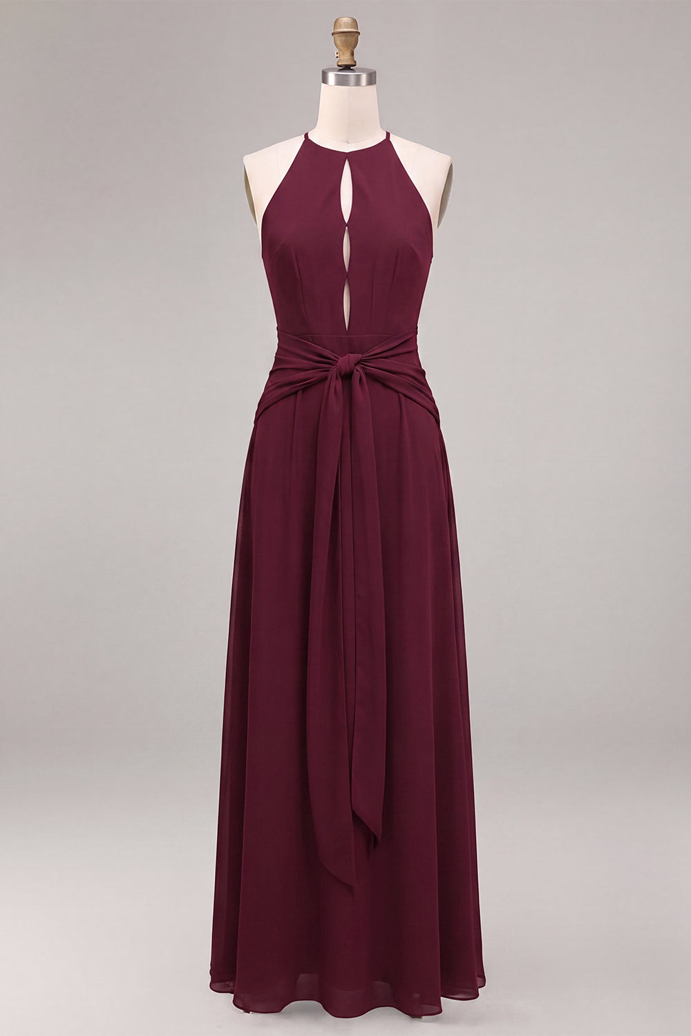 Burgundy Chiffon Round Neck A Line Keyholes Long Formal Dress with Sash