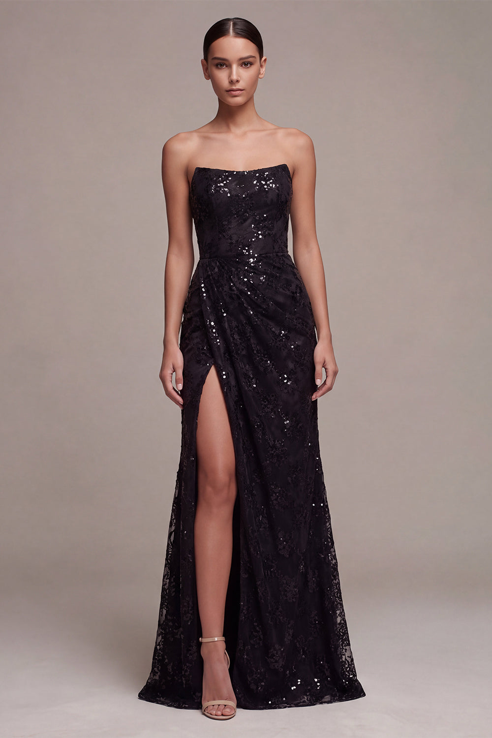 Black Sparkly Strapless Long Formal Dress with Slit Sequin Mermaid Ruched Evening Dress