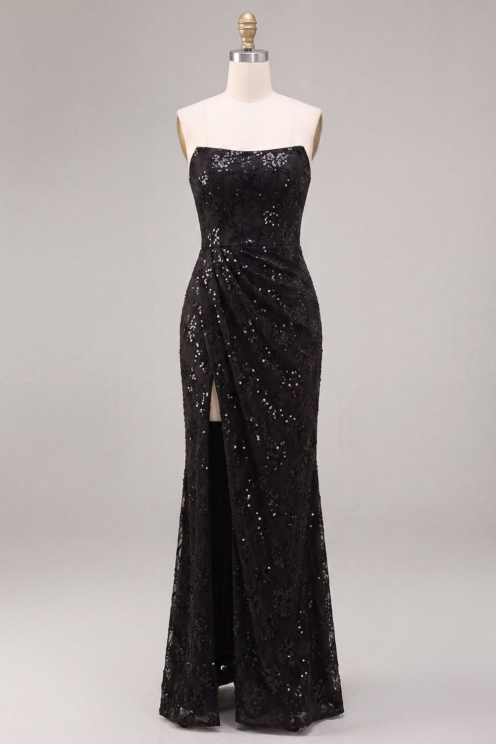Black Mermaid Sparkly Sequin Strapless Long Formal Dress with Slit