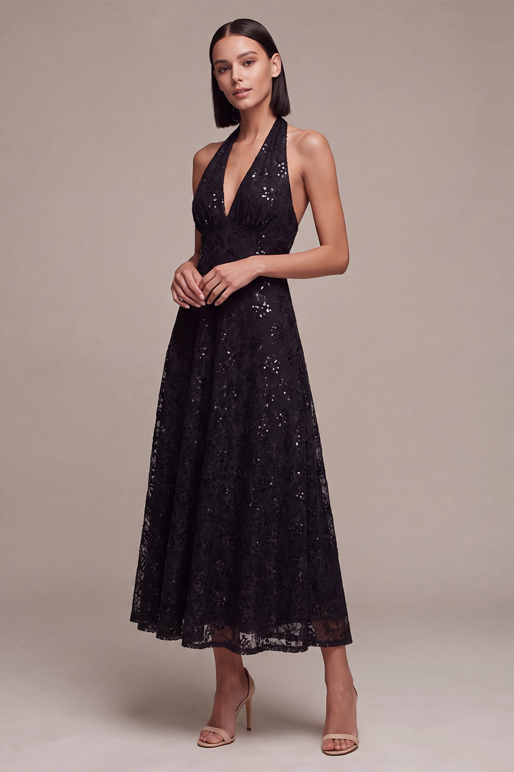 Sparkly Black Sequin Midi Formal Dress Halter A Line Evening Dress