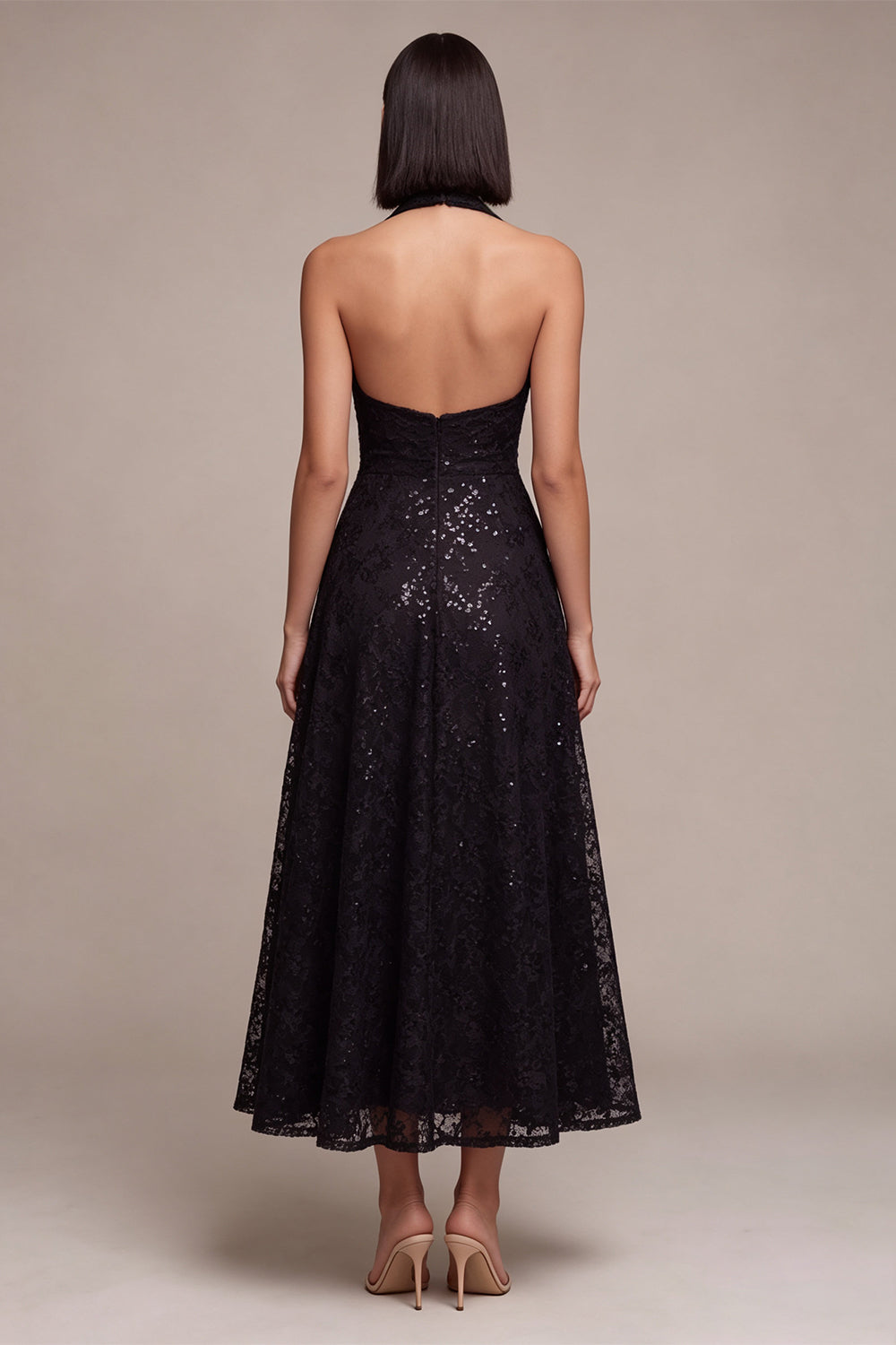 Sparkly Sequin A Line Black Halter Midi Formal Dress