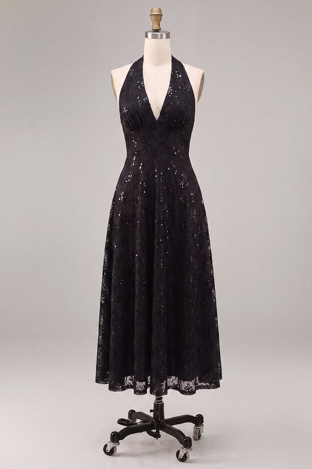 Sparkly Sequin A Line Black Halter Midi Formal Dress