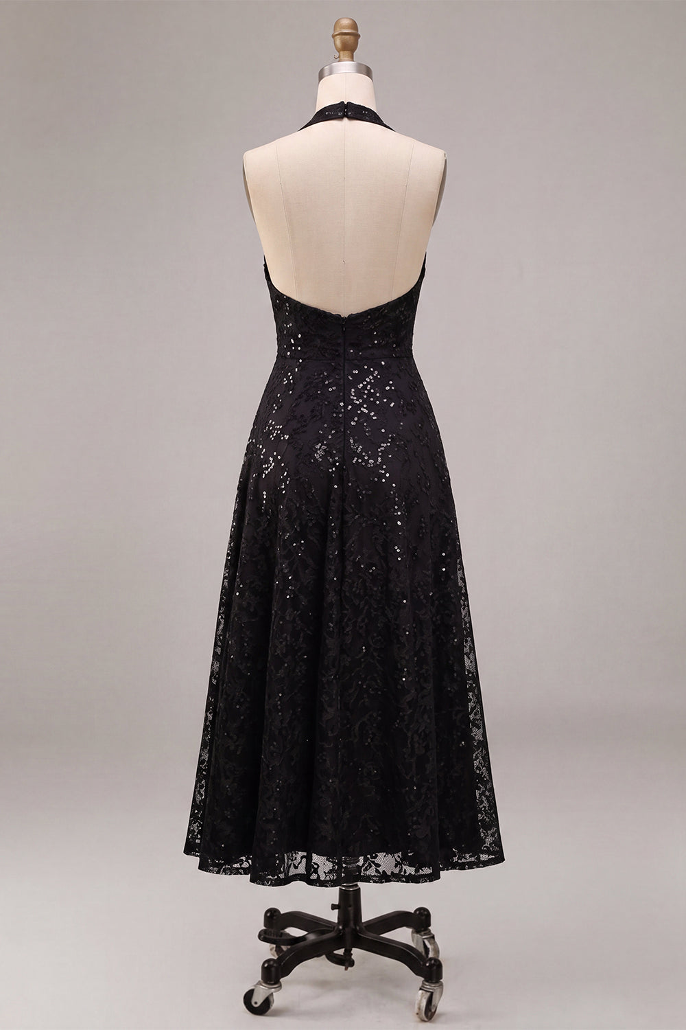 Sparkly Sequin A Line Black Halter Midi Formal Dress