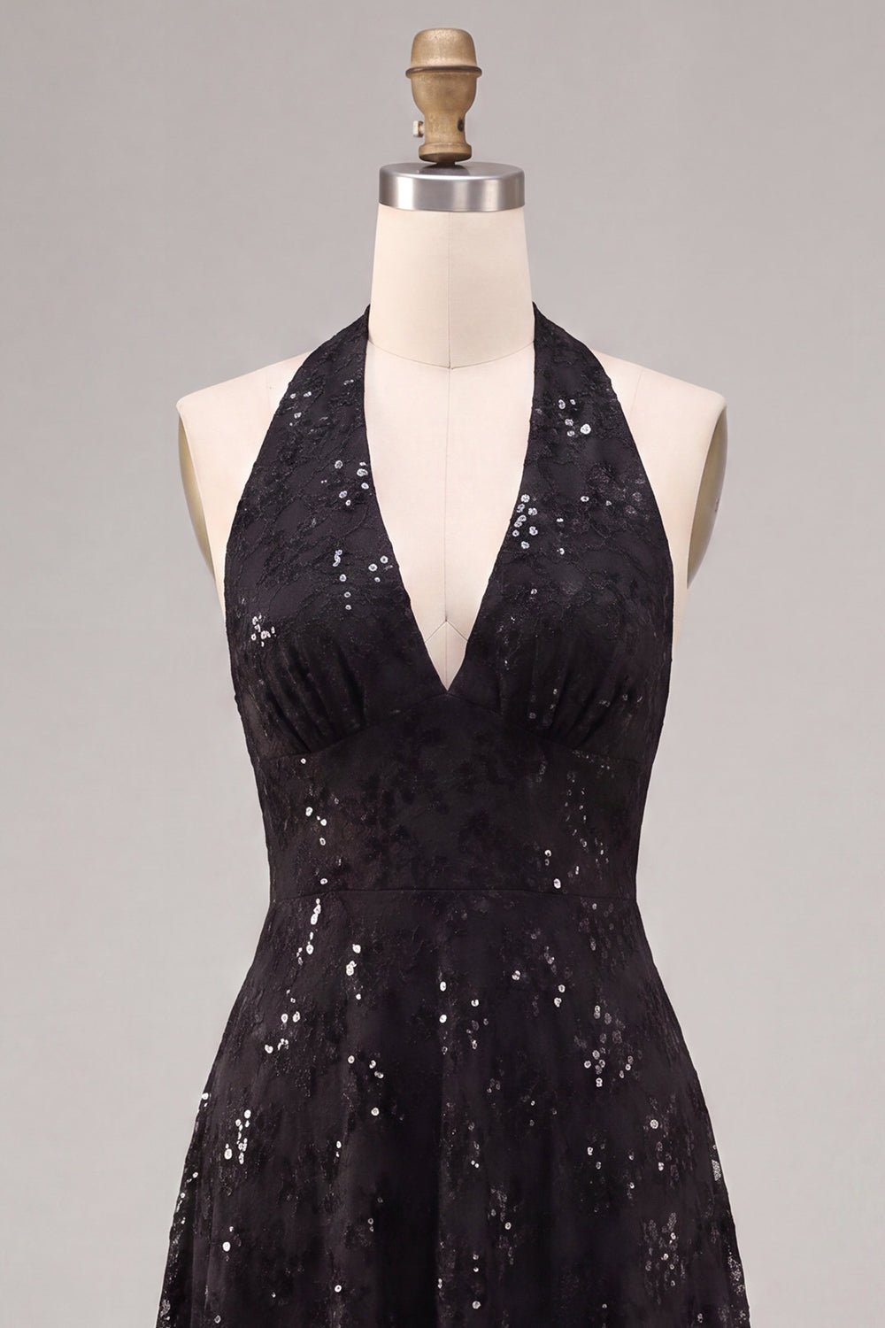 Sparkly Sequin A Line Black Halter Midi Formal Dress