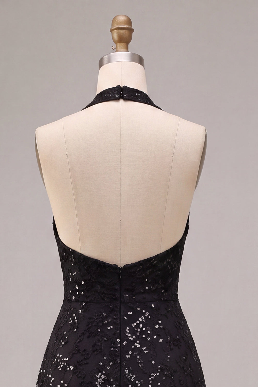 Sparkly Sequin A Line Black Halter Midi Formal Dress