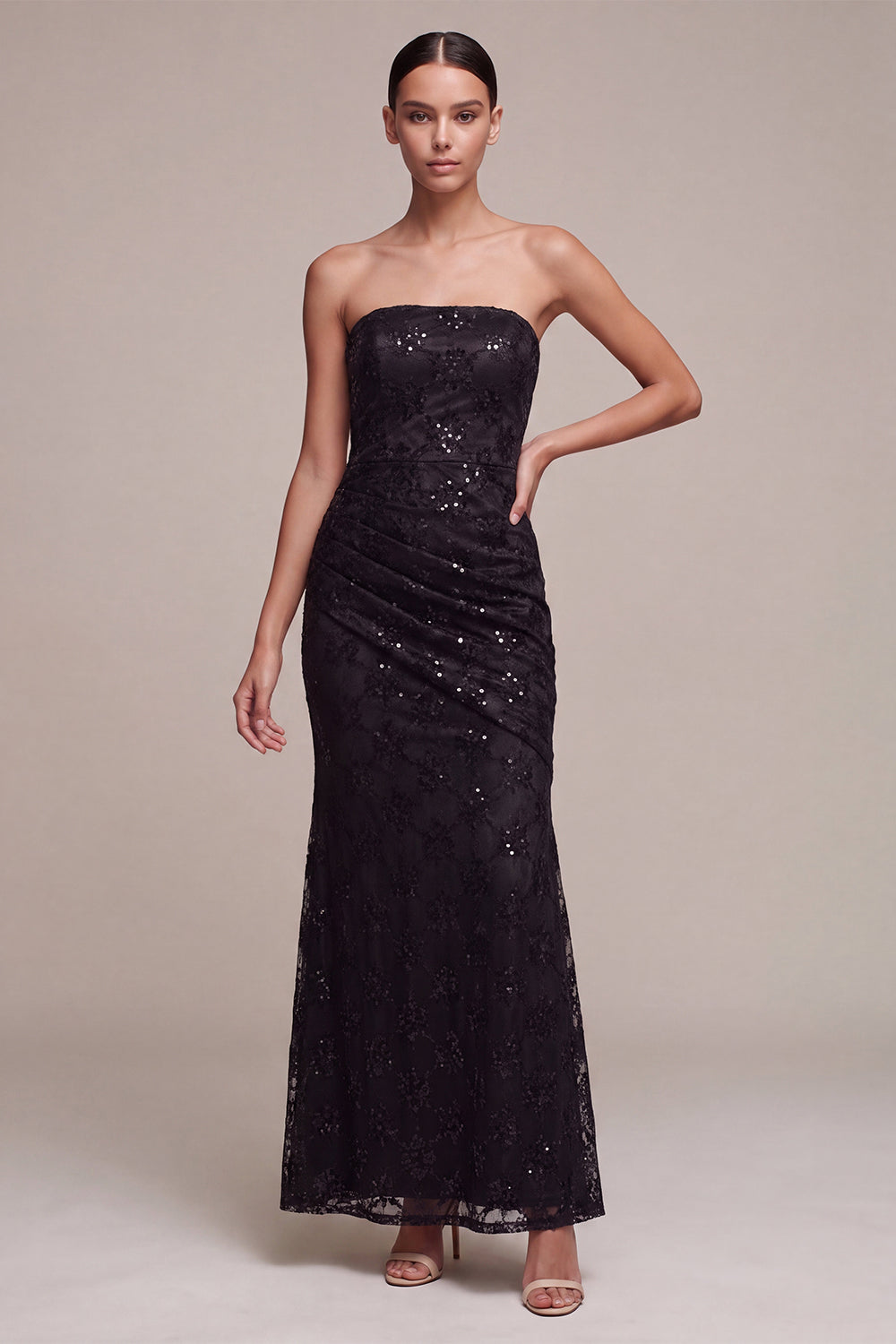 Sparkly Black Sequin Strapless Long Formal Dress Lace Ruched Mermaid Evening Dress