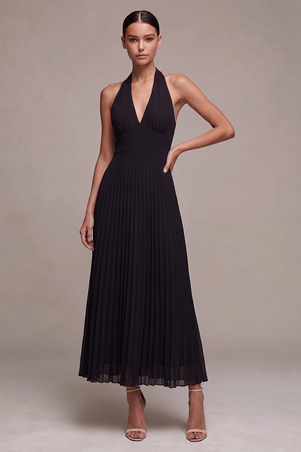 Black Halter Pleated Long Formal Dress Simple A Line Chiffon Evening Dress