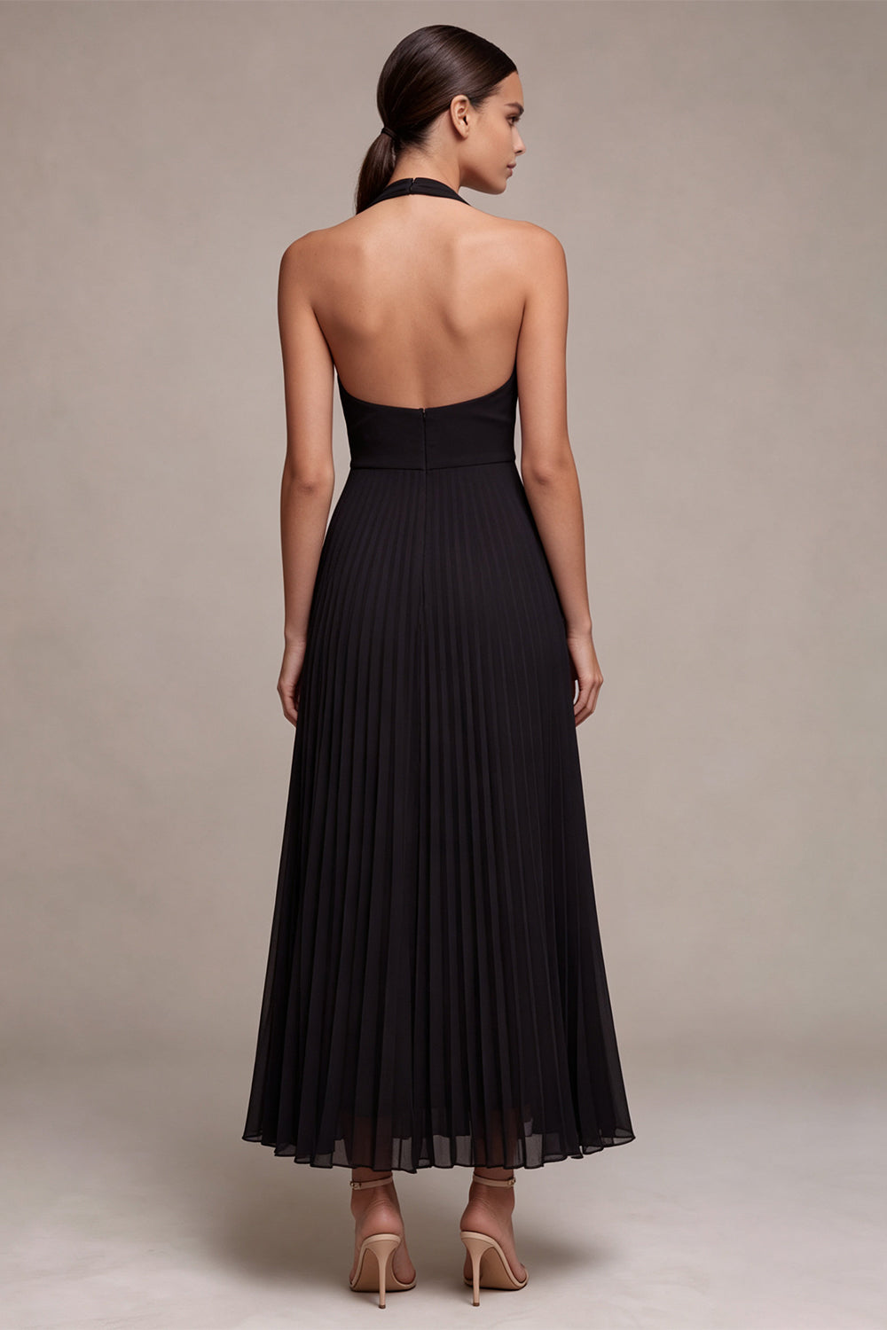 Black A Line Chiffon Pleated Halter Long Formal Dress