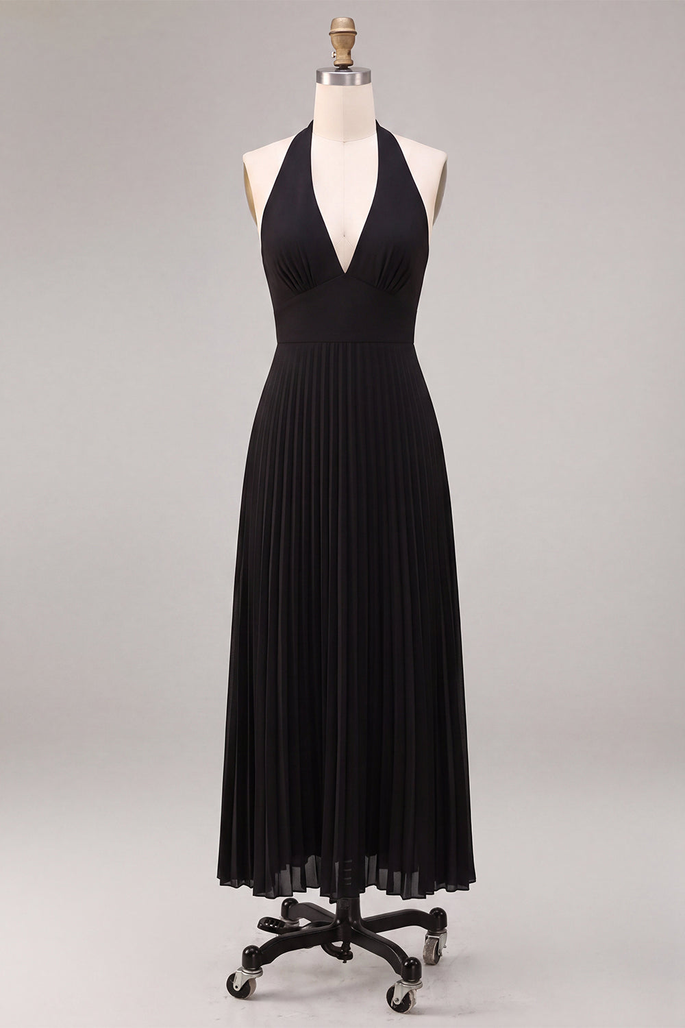 Black A Line Chiffon Pleated Halter Long Formal Dress