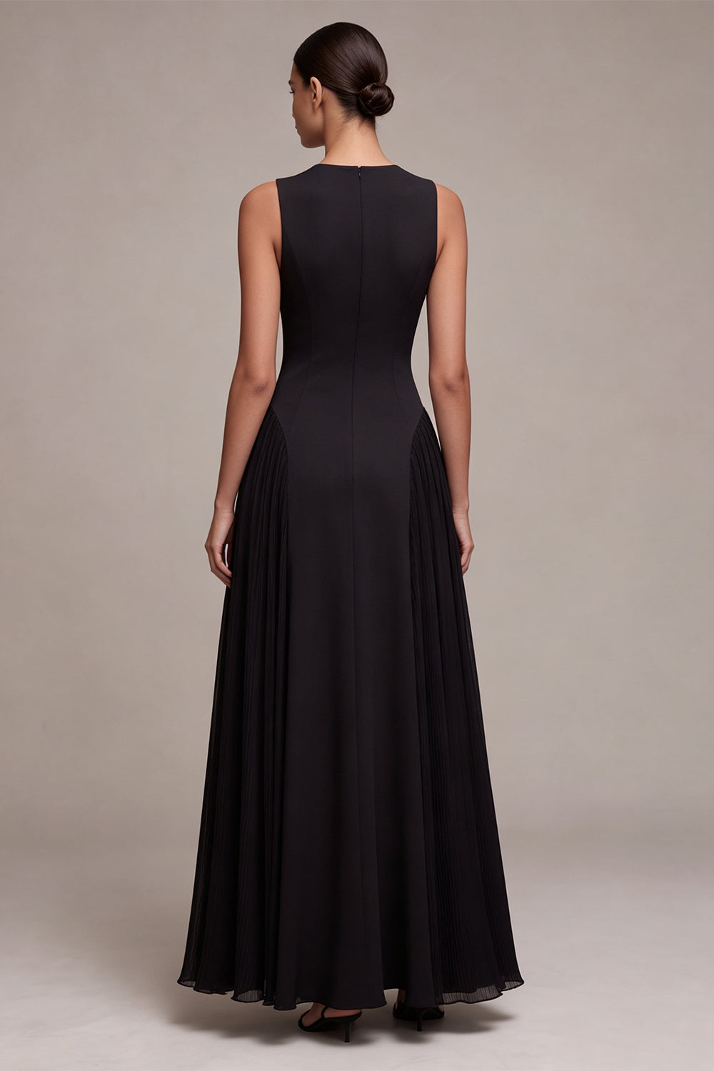 Black Simple Round Neck A Line Pleated Long Formal Dress