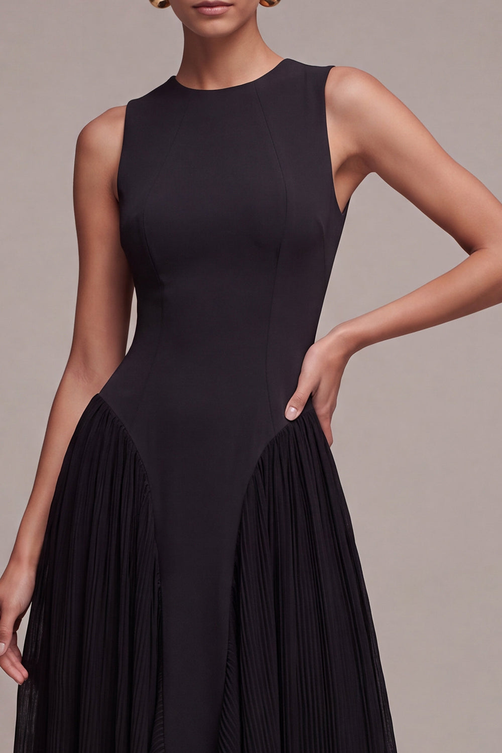 Black Simple Round Neck A Line Pleated Long Formal Dress