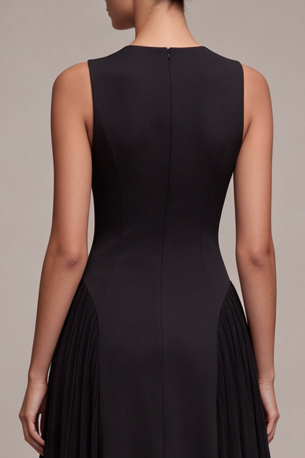 Black Simple Round Neck A Line Pleated Long Formal Dress