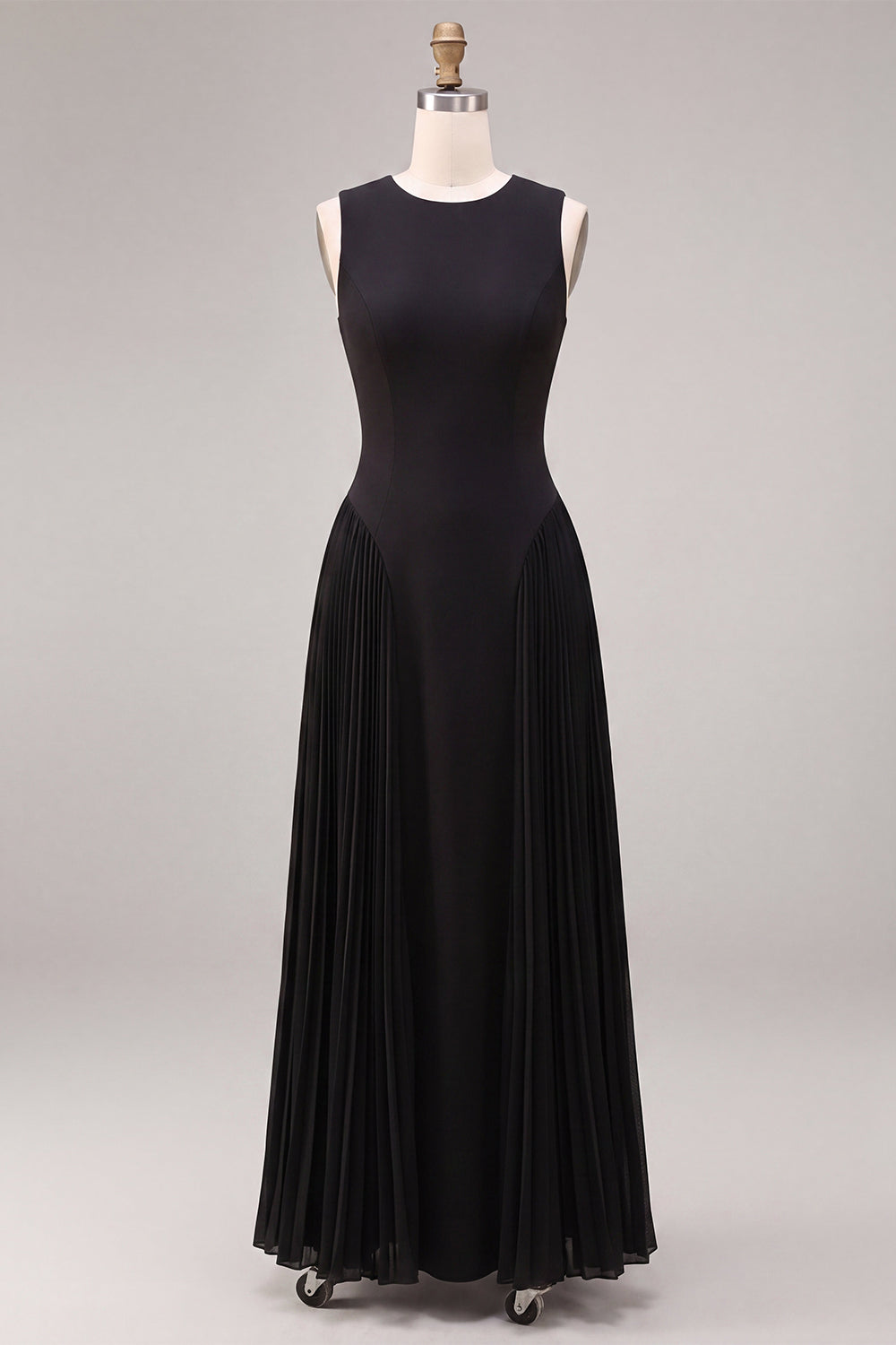 Black Simple Round Neck A Line Pleated Long Formal Dress