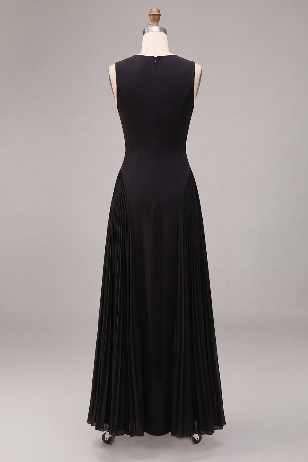 Black Simple Round Neck A Line Pleated Long Formal Dress