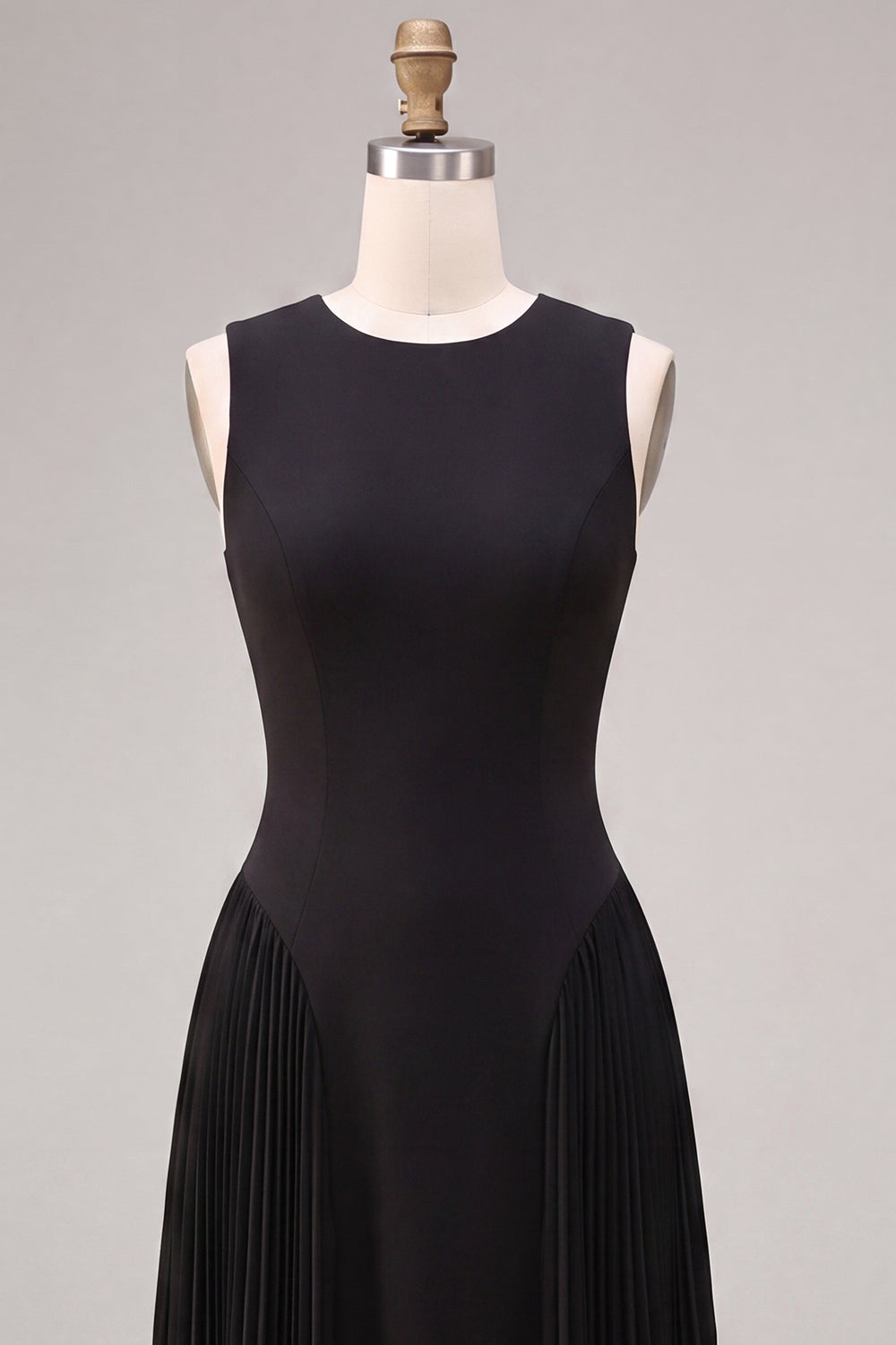Black Simple Round Neck A Line Pleated Long Formal Dress