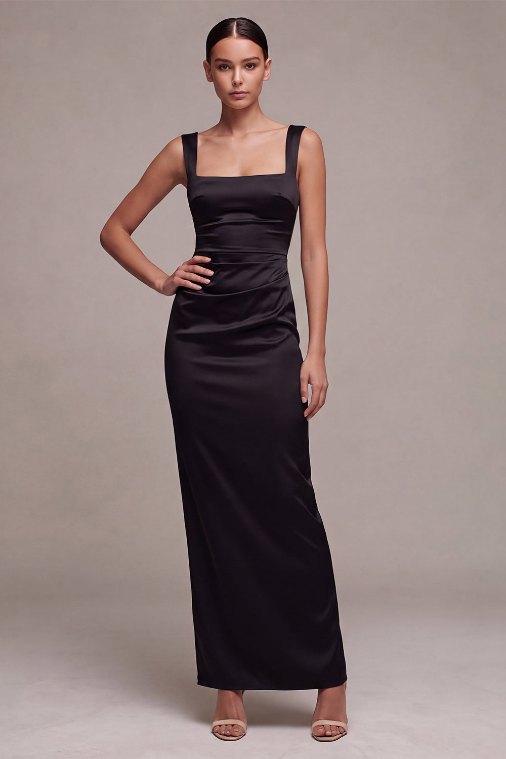 Black Satin Square Neck Sheath Ruched Long Formal Dress