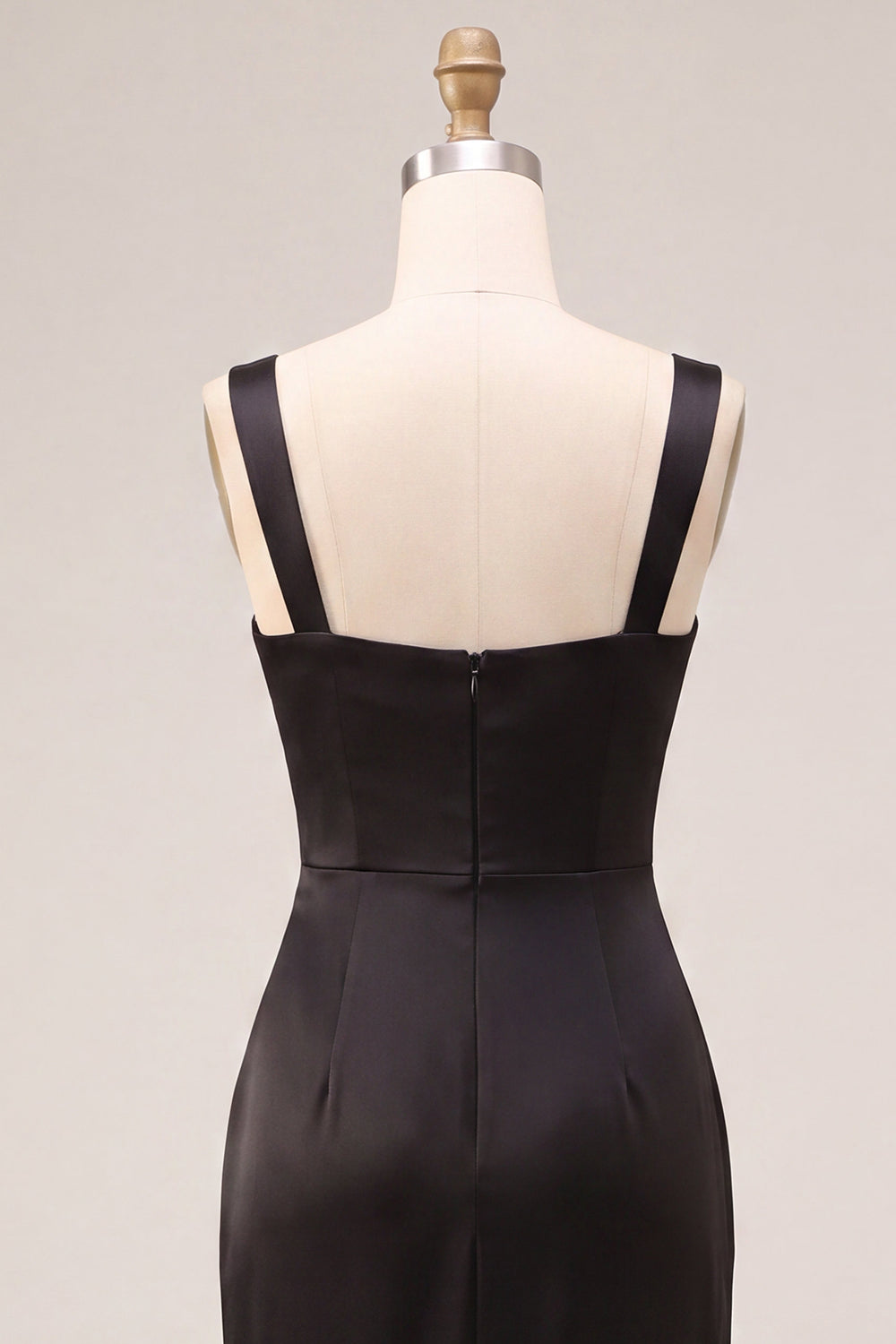 Black Satin Square Neck Sheath Ruched Long Formal Dress